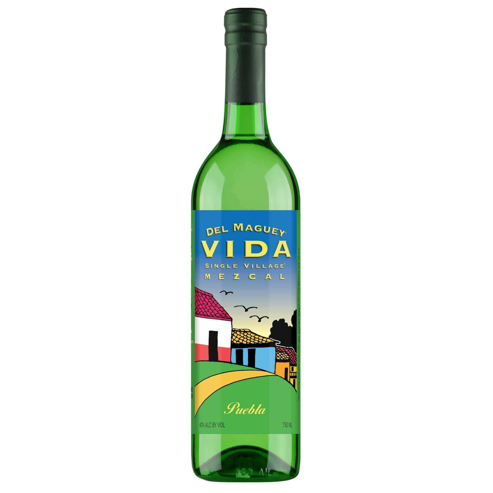 Del Maguey Vida Puebla Mezcal 750ml bottle with colorful label, from Axocopan, Mexico.