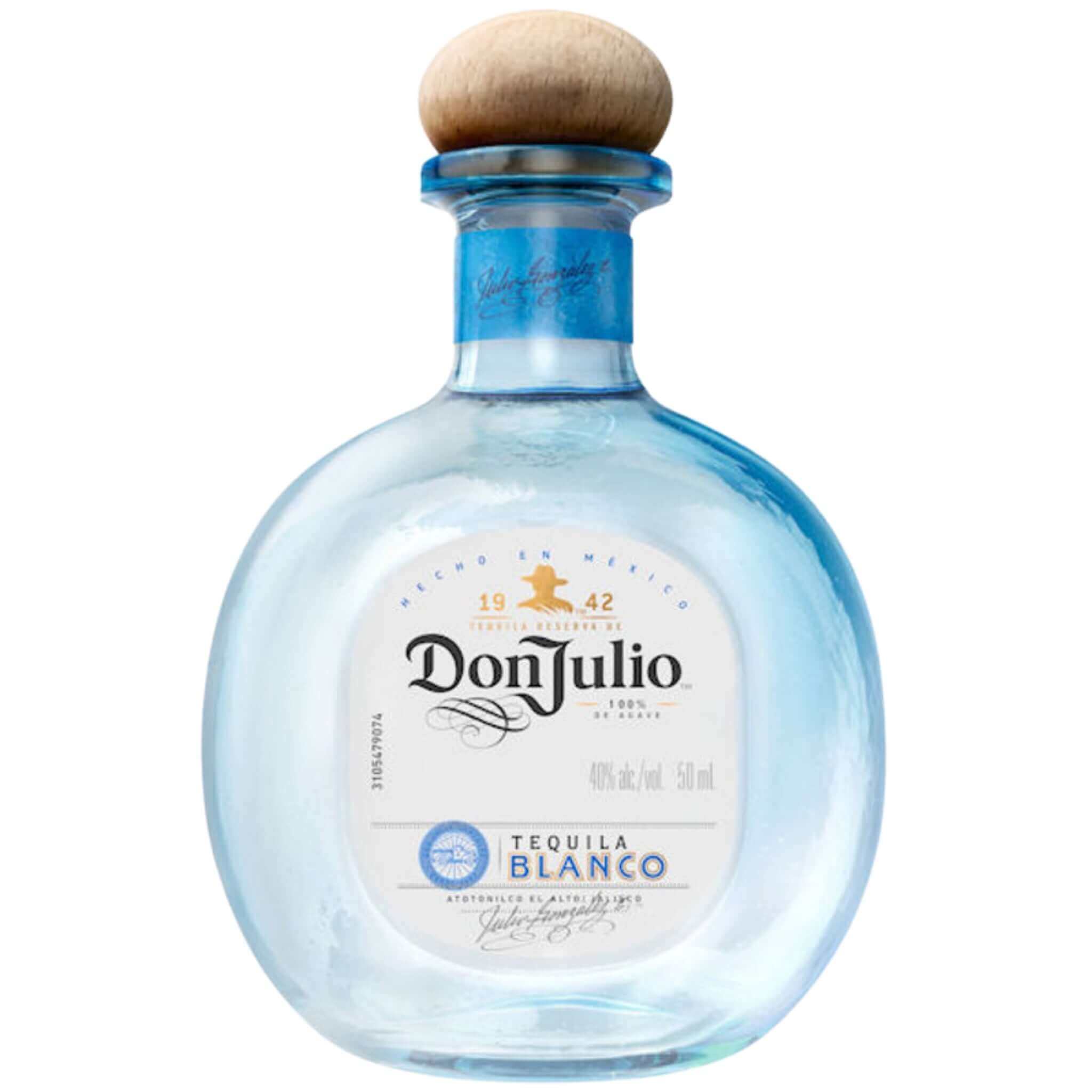 Bottle of Don Julio Blanco Tequila 50ml, crafted from 100% Blue Weber agave, Jalisco Highlands. Crisp and agave-forward spirit.