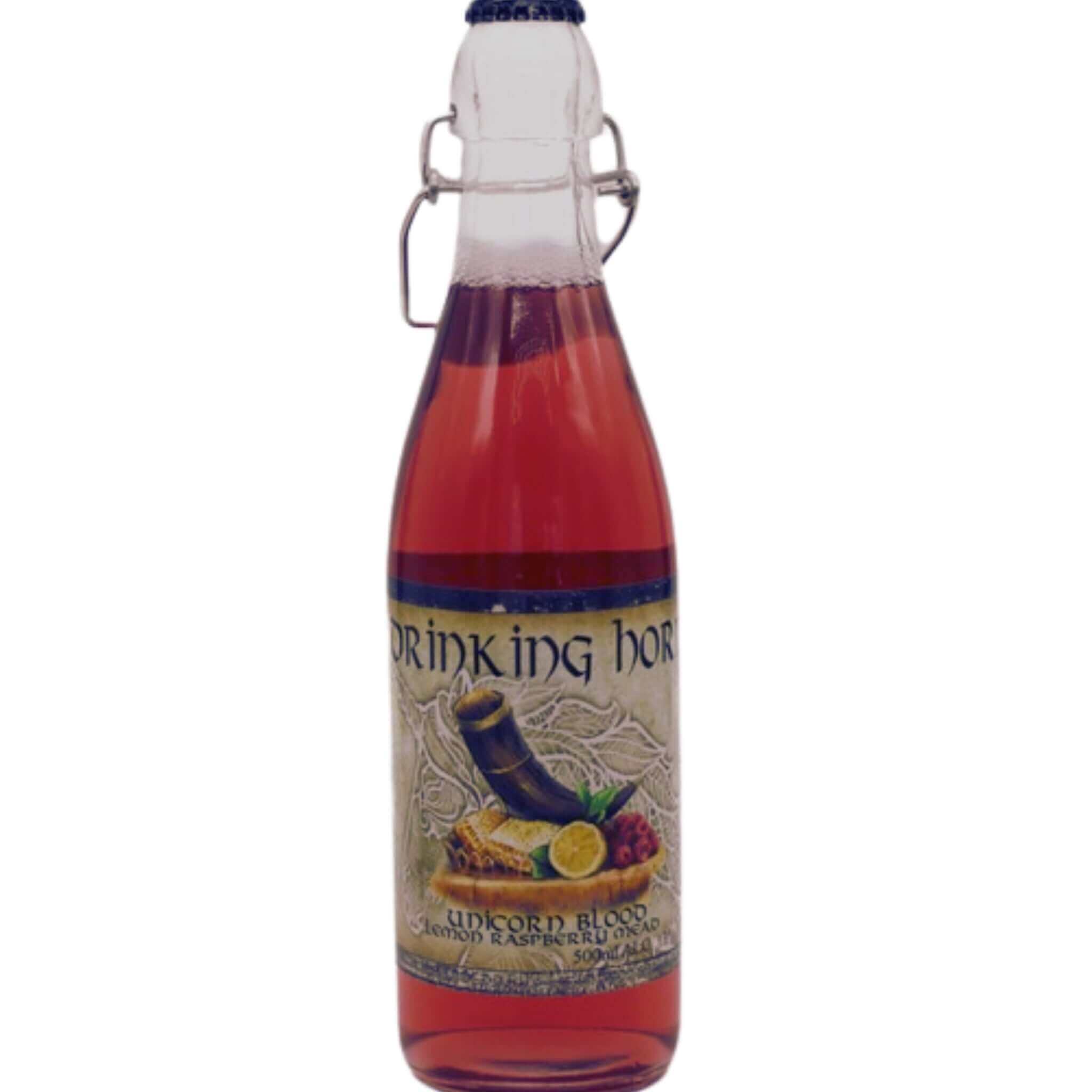 Bottle of Drinking Horn Meadery Unicorn Blood, a fruit-forward mead with cherry and honey flavors, 500ml.