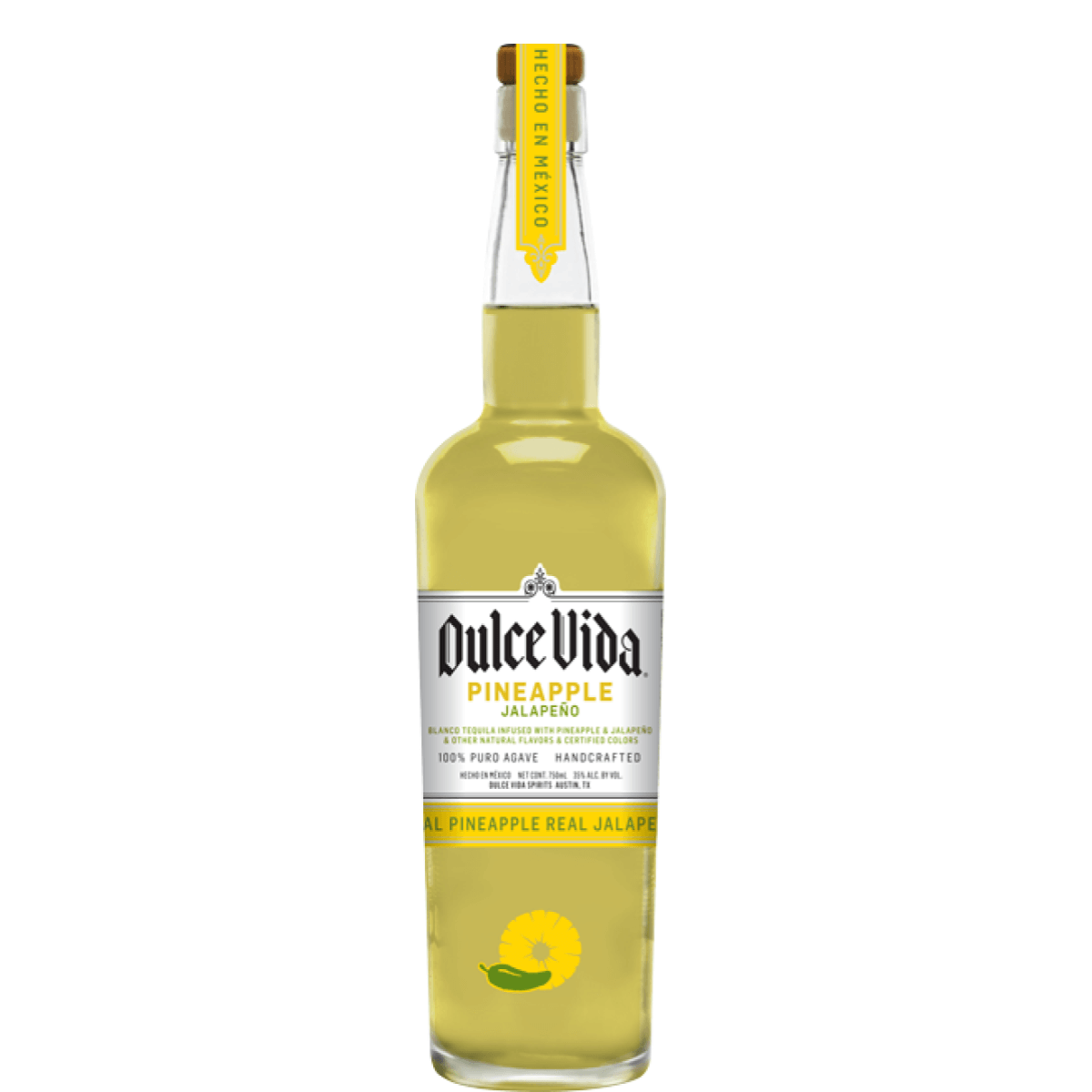 Dulce Vida Pineapple Jalapeño Tequila 750ml bottle, handcrafted infusion of Blue Weber Agave with sweet pineapple and spicy jalapeño infusion.