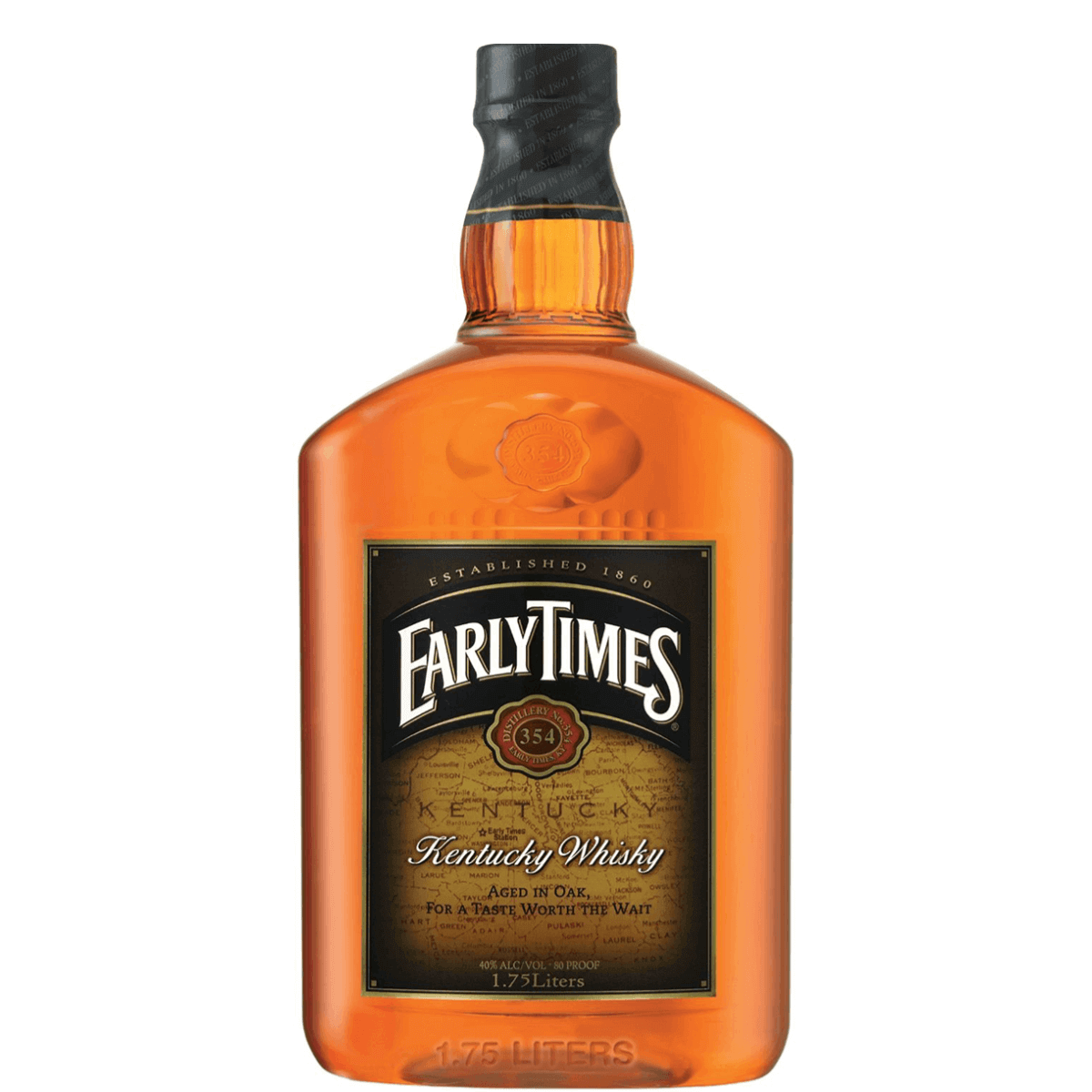 Early Times Kentucky Whisky 1.75L bottle, aged in oak for smooth flavor, 40% ABV, from Bardstown, Kentucky.