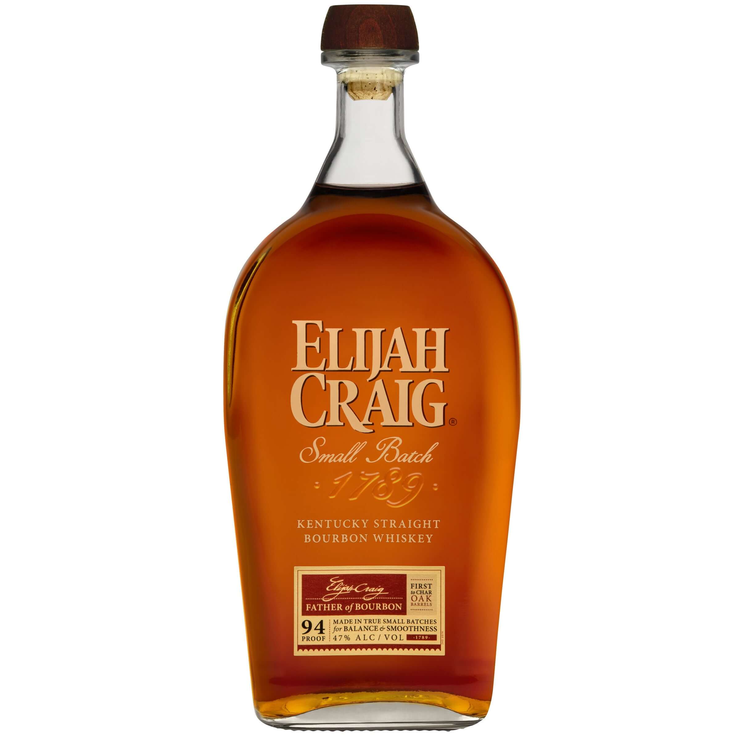 Elijah Craig Small Batch Bourbon 1.75L bottle, Kentucky Straight Bourbon with warm spice and subtle smoke flavors, 94 proof.