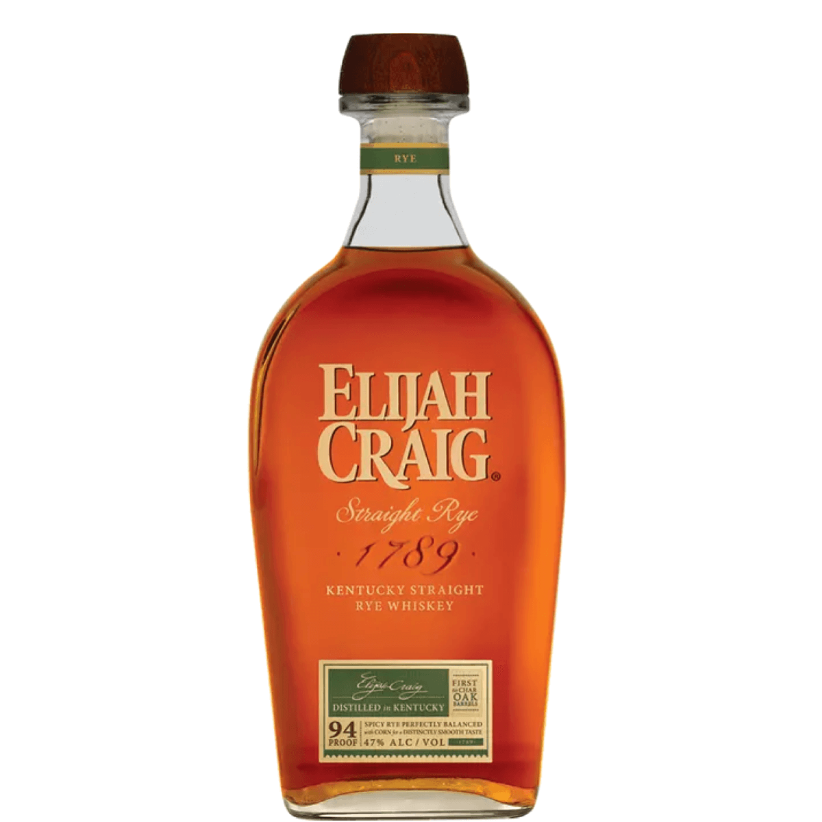Elijah Craig Straight Rye Whiskey 750ml bottle from Kentucky, 47% ABV, made with 51% rye. Heaven Hill Distillery product.