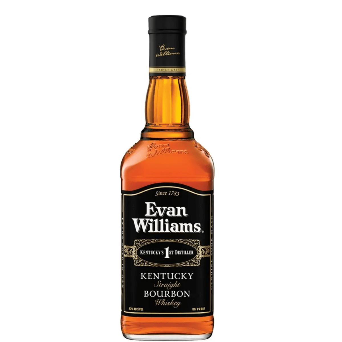 Evan Williams Black Label Bourbon 750ml bottle, Kentucky Straight Bourbon Whiskey, 43% ABV, No Age Statement, classic design.