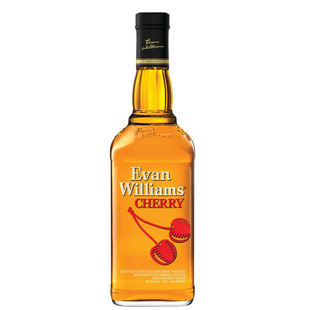 Evan Williams Cherry Bourbon Whiskey 750ml bottle, flavored with maraschino cherry, from Heaven Hill Distillery, Kentucky, USA.
