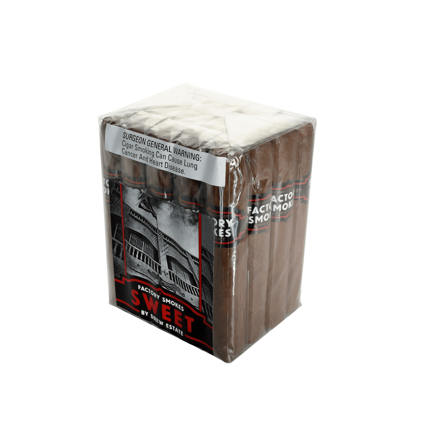 Factory Smokes Sweet Robusto cigars by Drew Estate in clear packaging, showcasing rich Nicaraguan blend for a smooth, mellow taste.