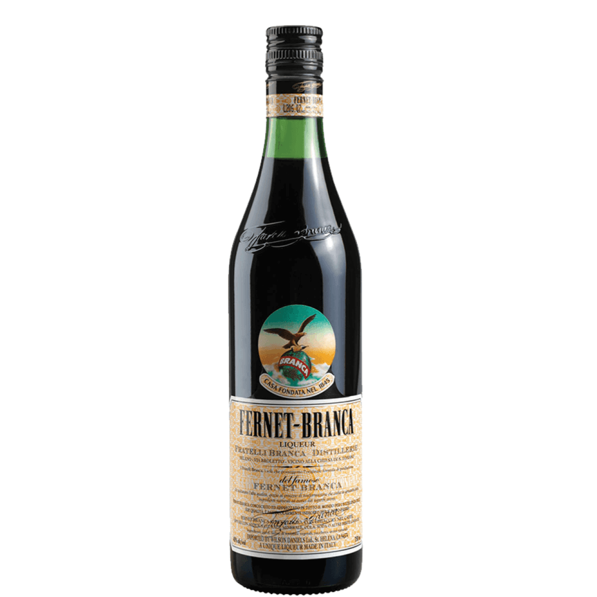 Fernet Branca 750ml bottle, iconic Italian amaro, crafted by Fratelli Branca Distillerie, aged in oak, from Milan, Lombardy.