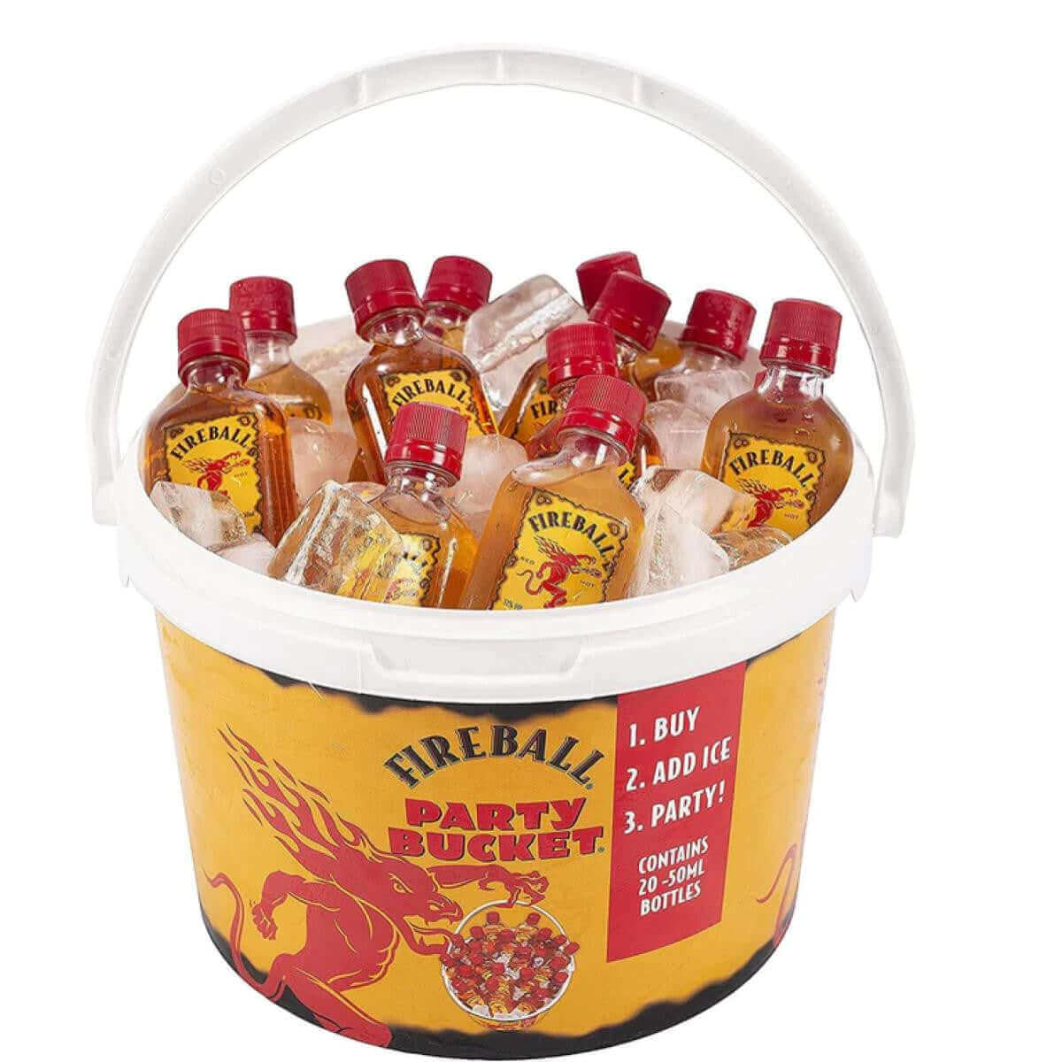 Fireball Cinnamon Whisky 50ml 20ct Party Bucket with mini bottles and ice, perfect for parties and gatherings.
