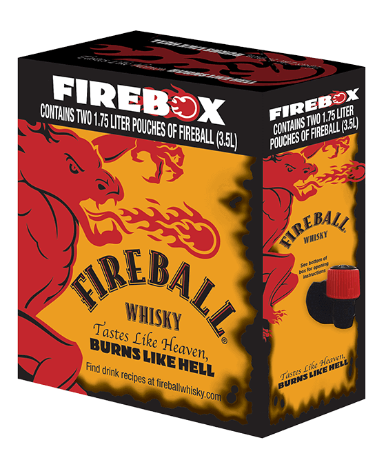 Fireball Cinnamon Whisky 3.5L Bag in Box packaging with fiery dragon logo and slogan &