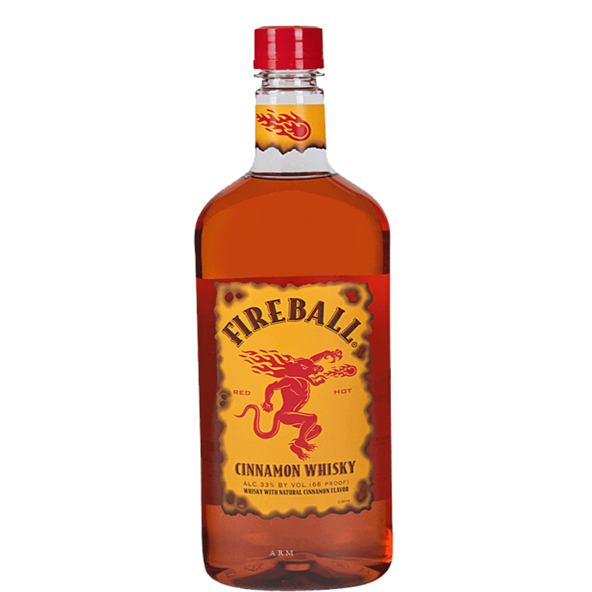Fireball Cinnamon Whiskey 1.75L bottle with red cap and fiery logo, produced by Sazerac Company, known for spicy cinnamon flavor.