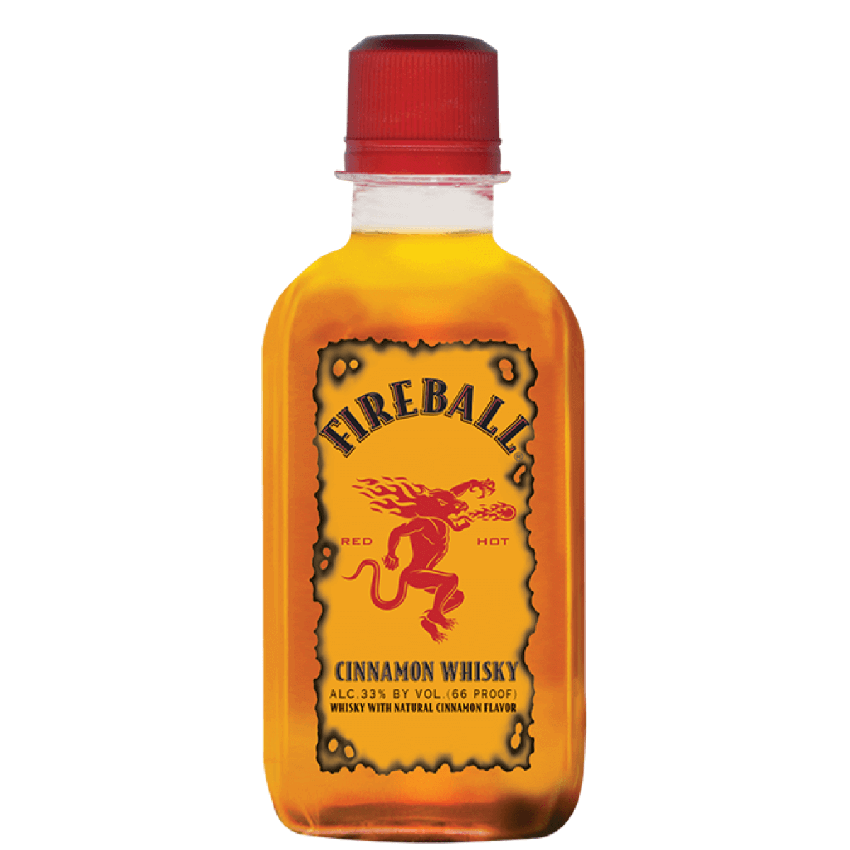 Fireball Cinnamon Whisky 100ml bottle featuring fiery dragon logo and red cap, known for its bold cinnamon flavor.