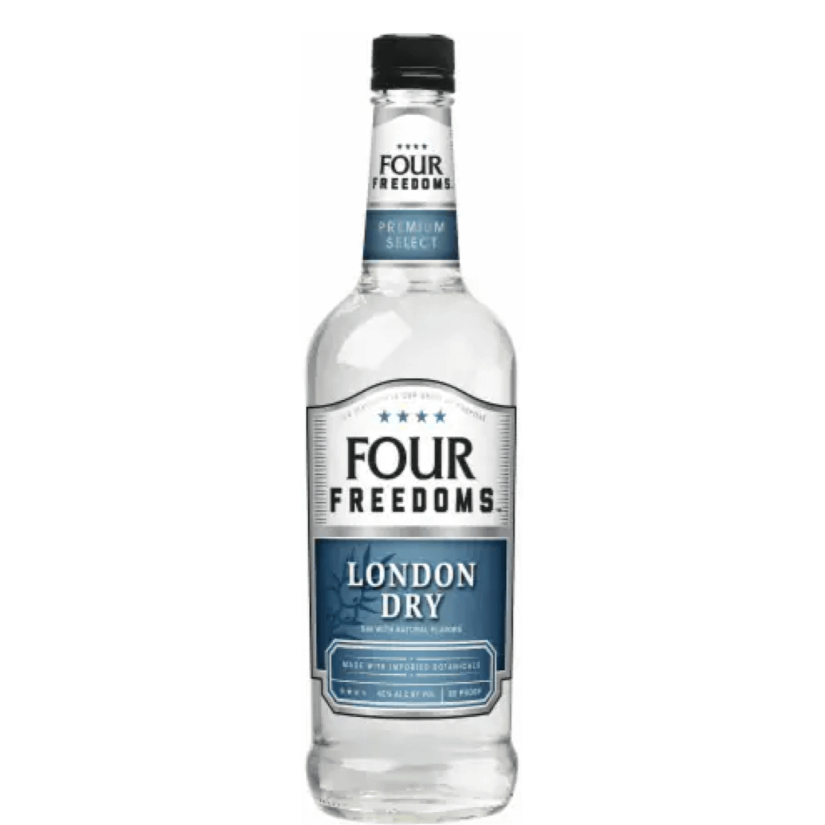 750ml bottle of Four Freedoms London Dry Gin with blue label, clear and crisp American-crafted spirit.