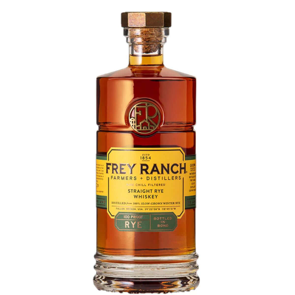 Frey Ranch Bottled in Bond Rye Whiskey 750ml, aged five years, crafted in Fallon, Nevada, by a sustainable family distillery.