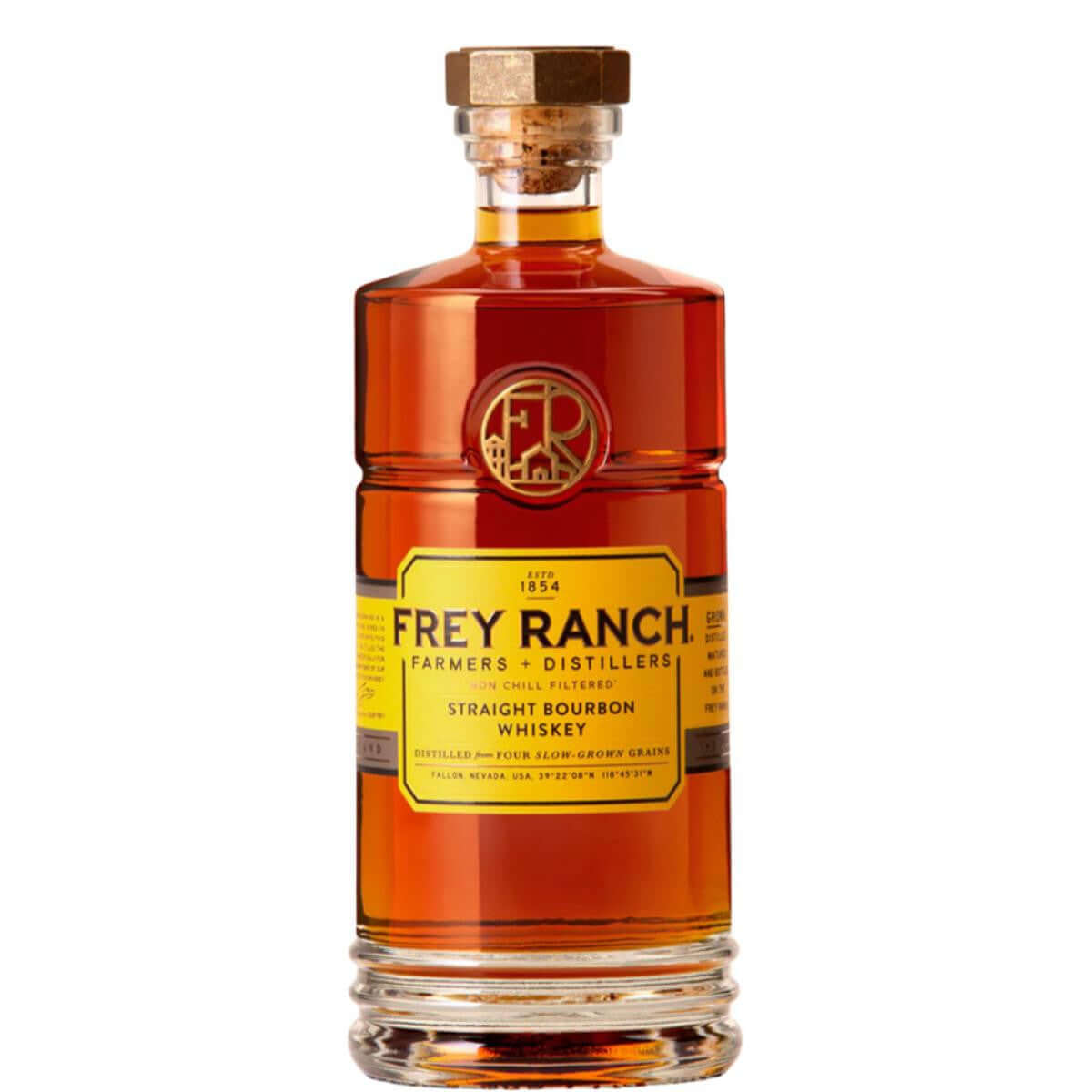 Frey Ranch Straight Bourbon Whiskey 750ml bottle with label, craft-distilled in Fallon, Nevada.