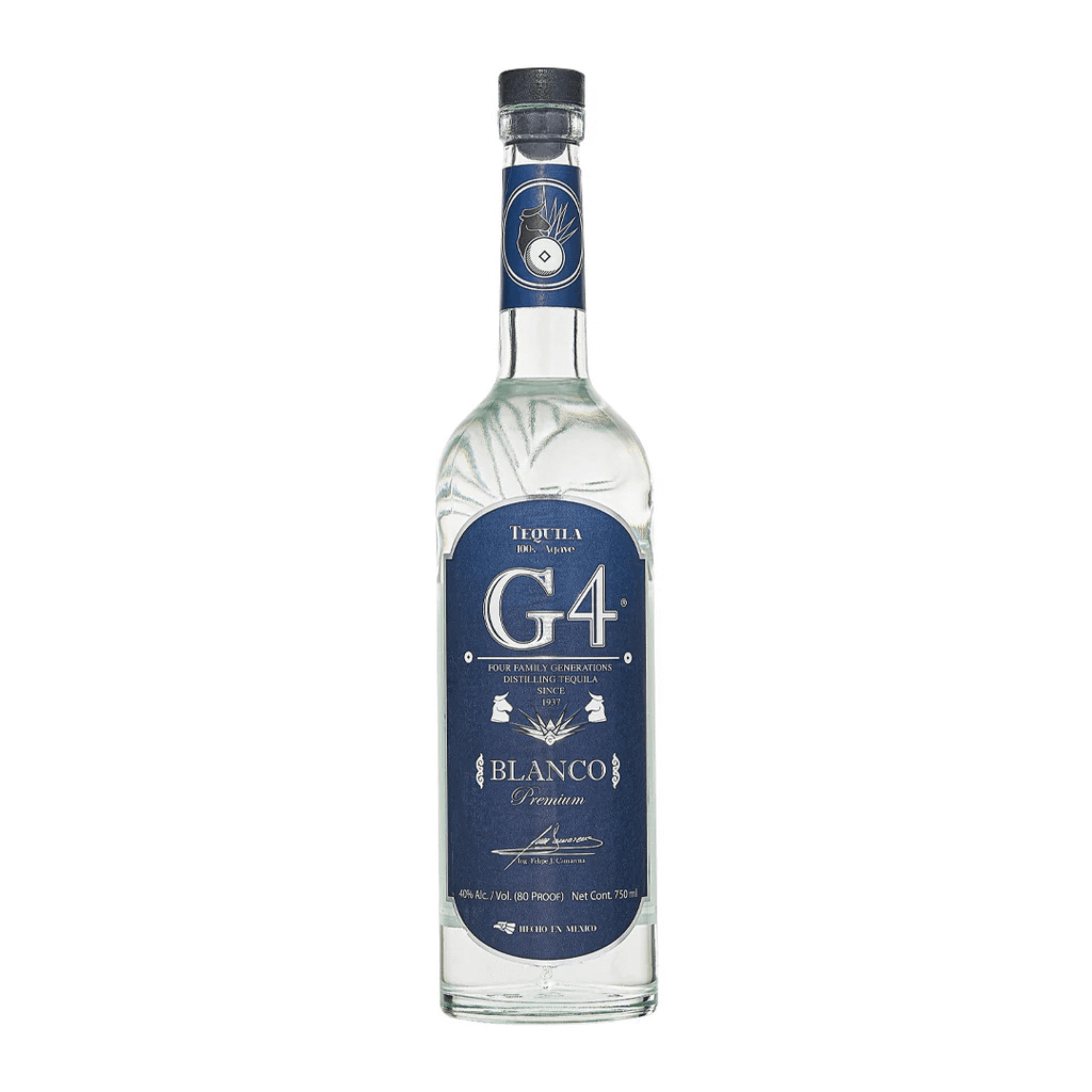 Bottle of G4 Blanco Tequila 750ml, a crisp, unaged tequila from El Pandillo Distillery, Mexico, made with Blue Weber agave.