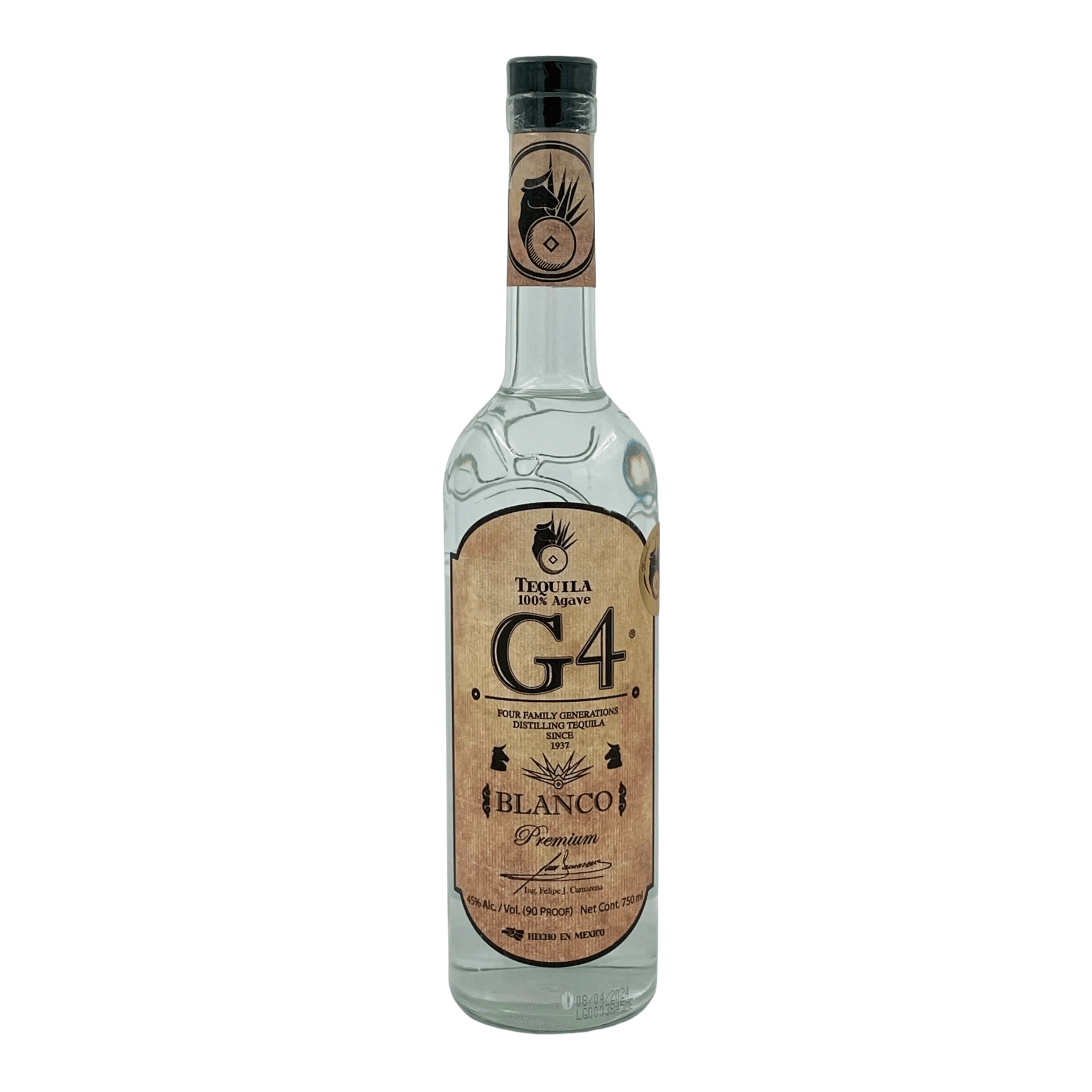 G4 Madera Blanco Tequila 750ml bottle showcasing label design and craftsmanship, distilled at El Pandillo, Jalisco, Mexico.