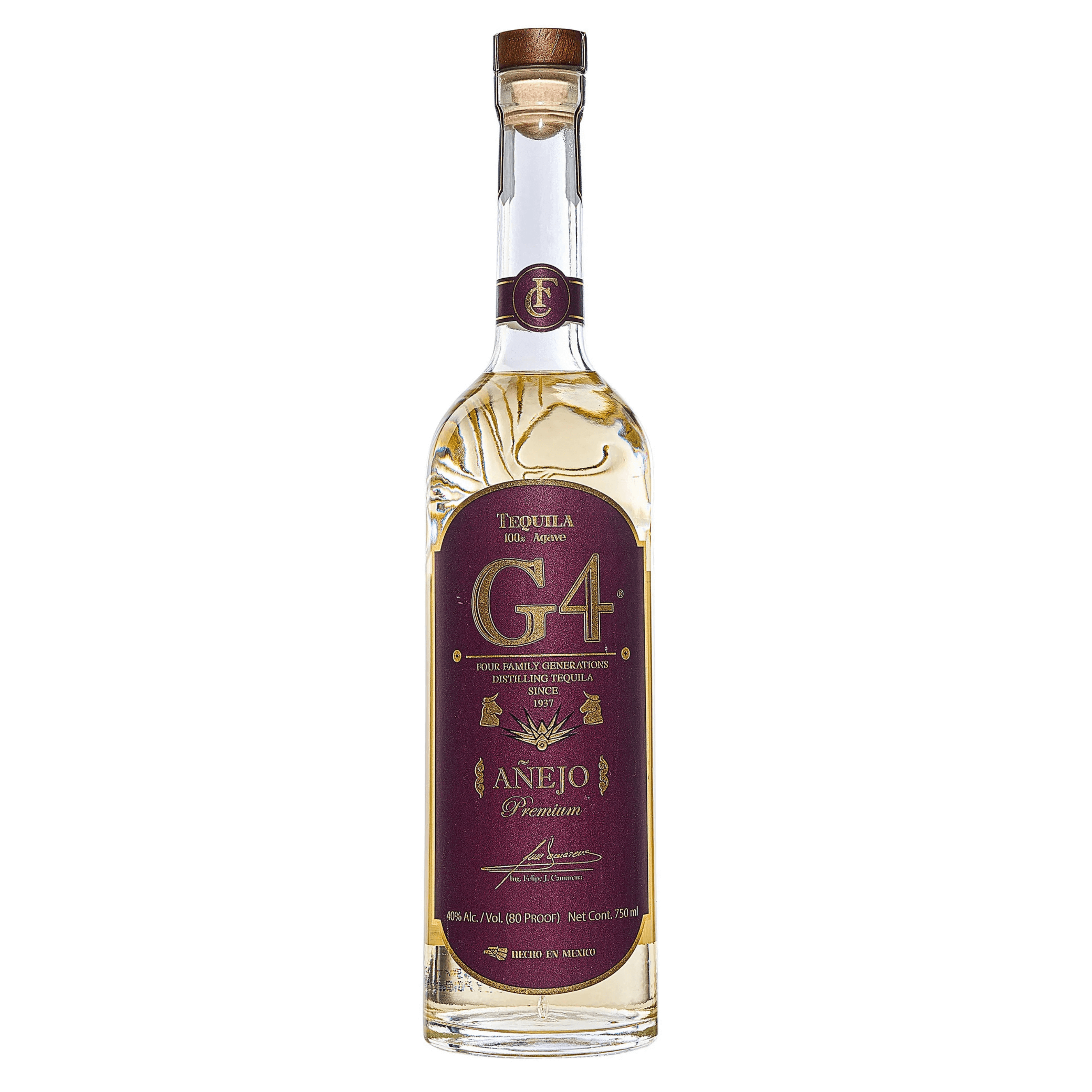 Bottle of G4 Añejo Tequila 750ml, aged 18 months in American oak, from El Pandillo Distillery, Jesús María, Jalisco, Mexico.