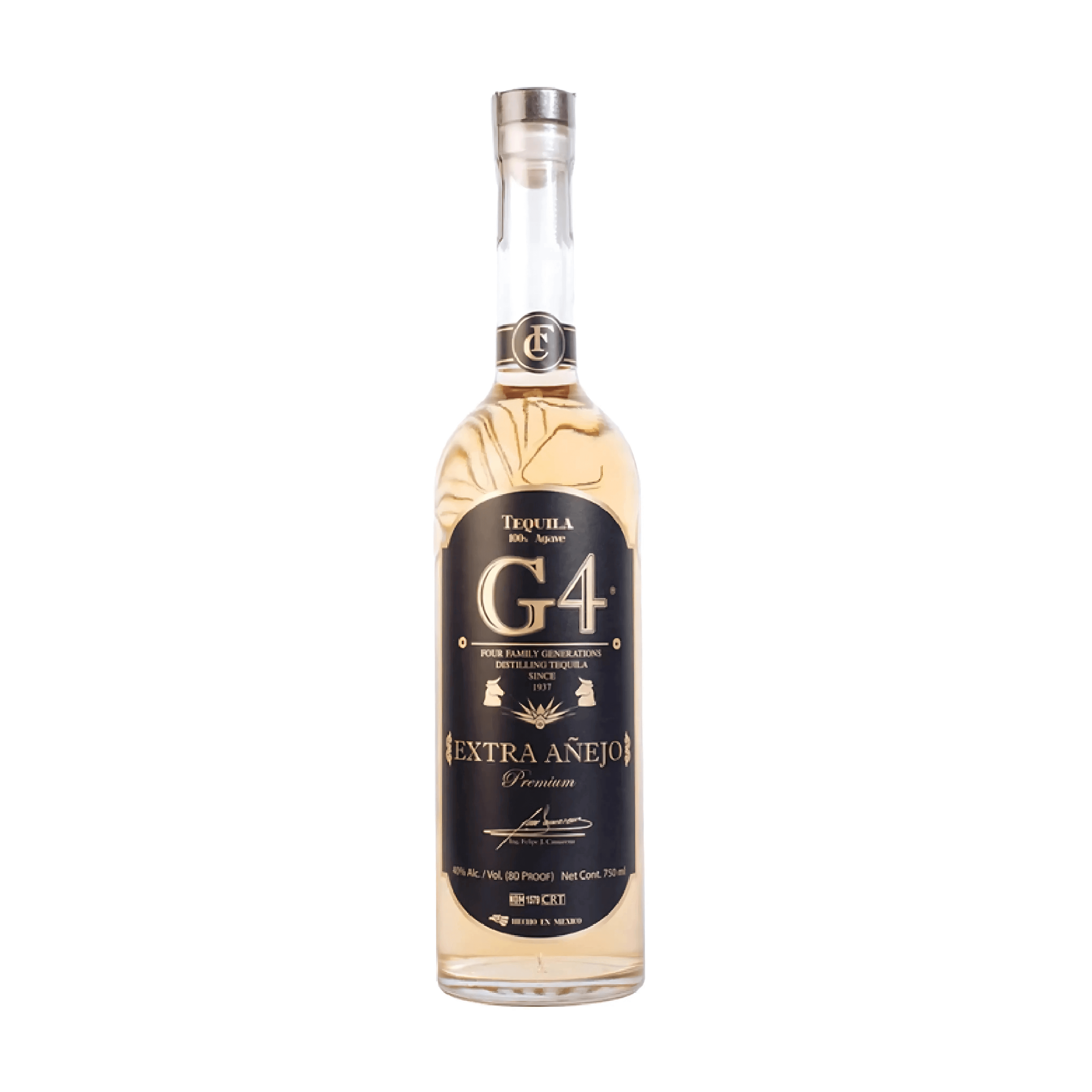 G4 Extra Anejo Tequila 750ml bottle from El Pandillo Distillery, aged 3 years, showing rich oak and agave flavor profile.
