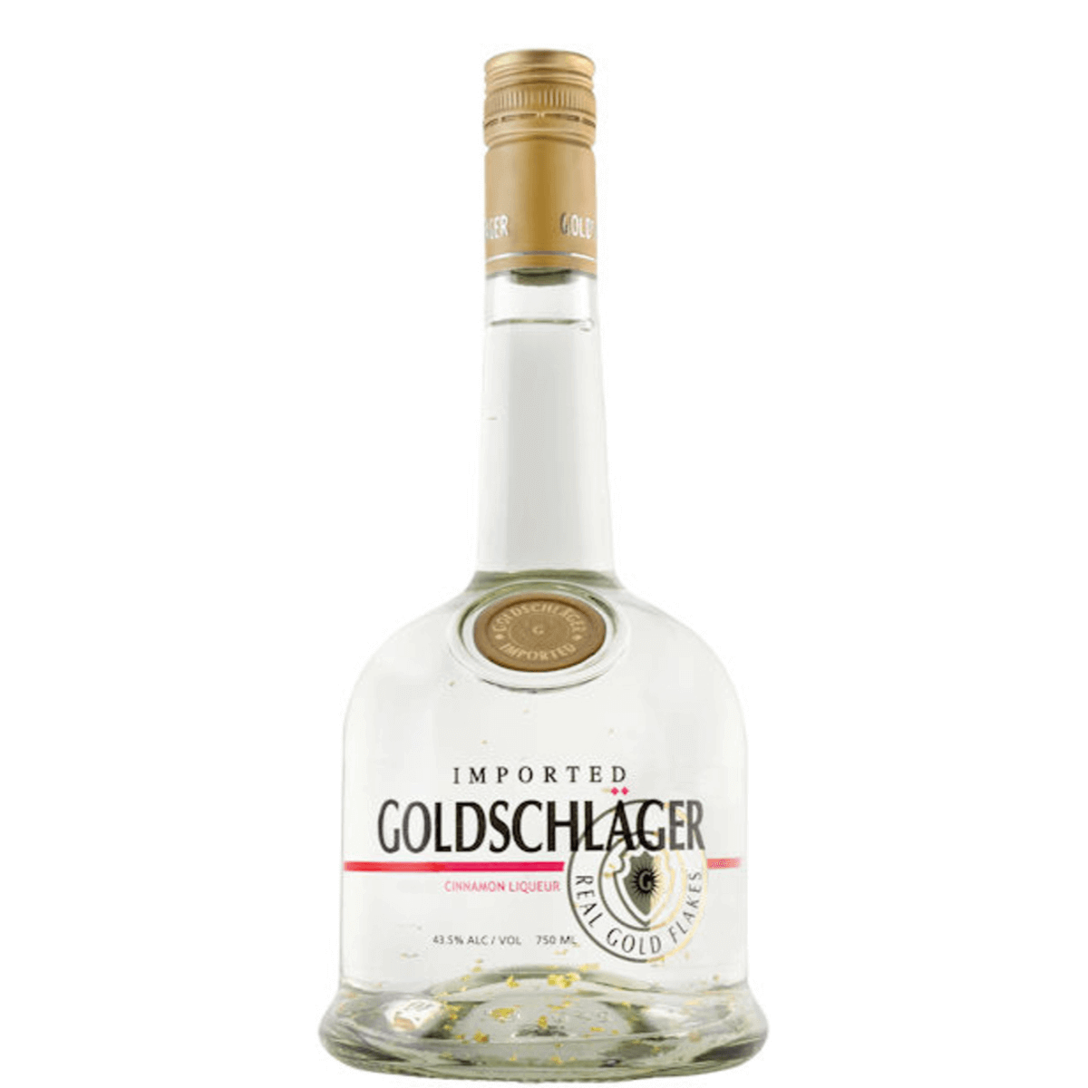 Goldschlager Cinnamon Schnapps 750ml bottle with gold flakes, Canadian schnapps liqueur, 43.5% ABV, sweet spicy flavor.