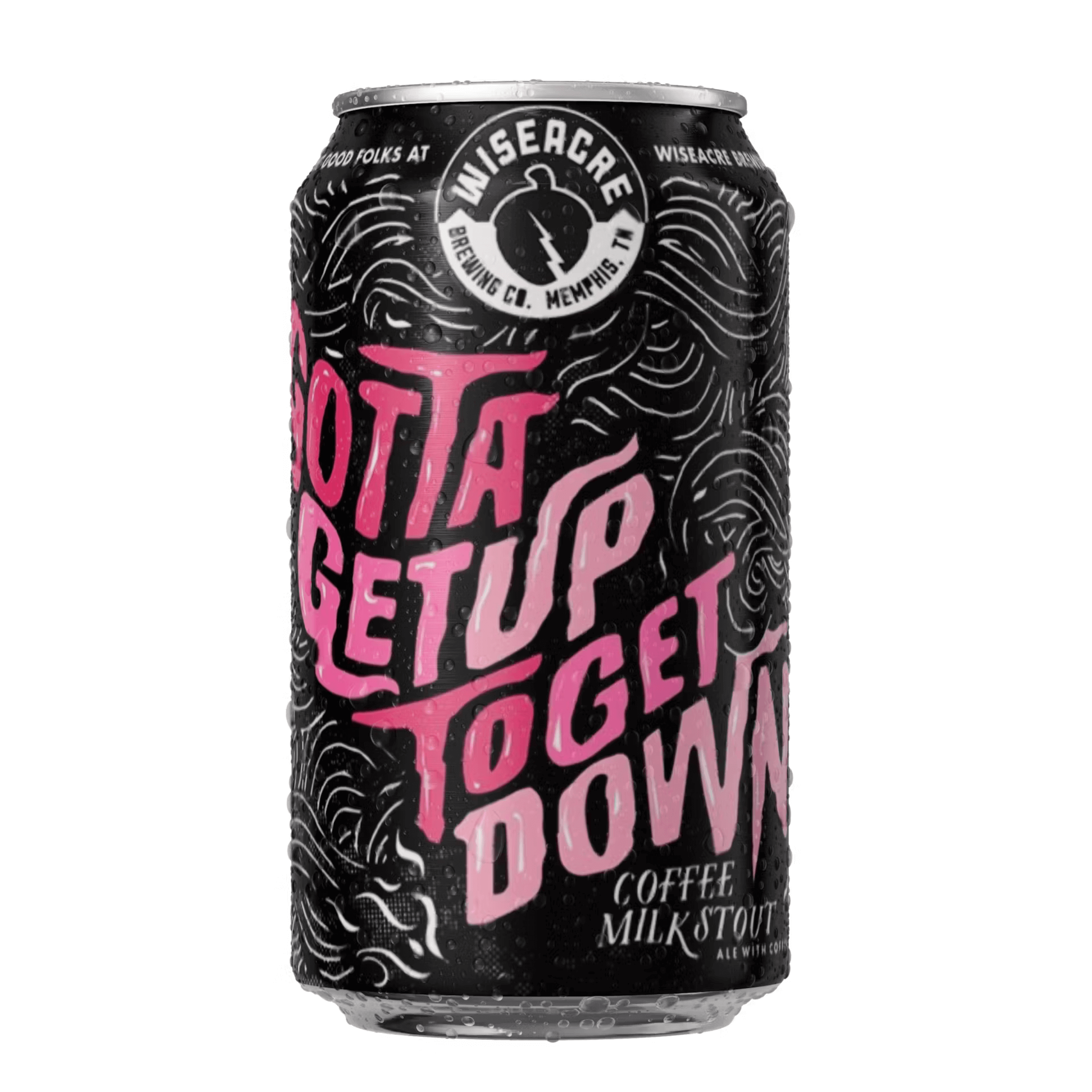 Wiseacre Gotta Get Up To Get Down coffee milk stout can, 12oz, with bold design and logo from Wiseacre Brewing Company.