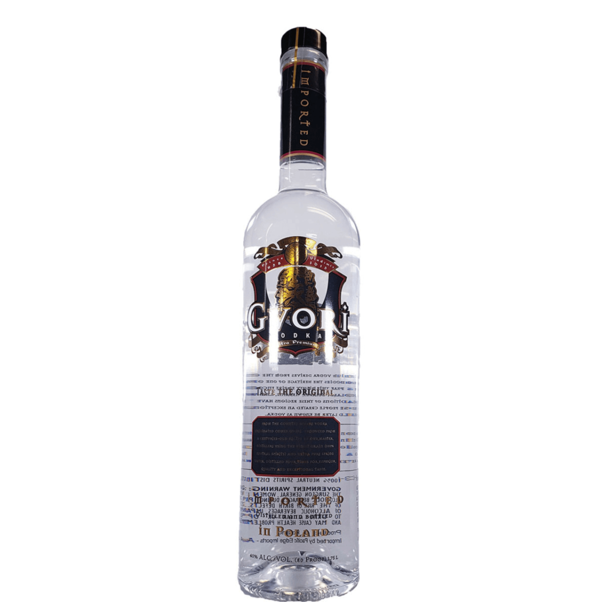 Gvori Vodka 1.75L bottle, award-winning Polish rye vodka, distilled four times, known for purity and quality.