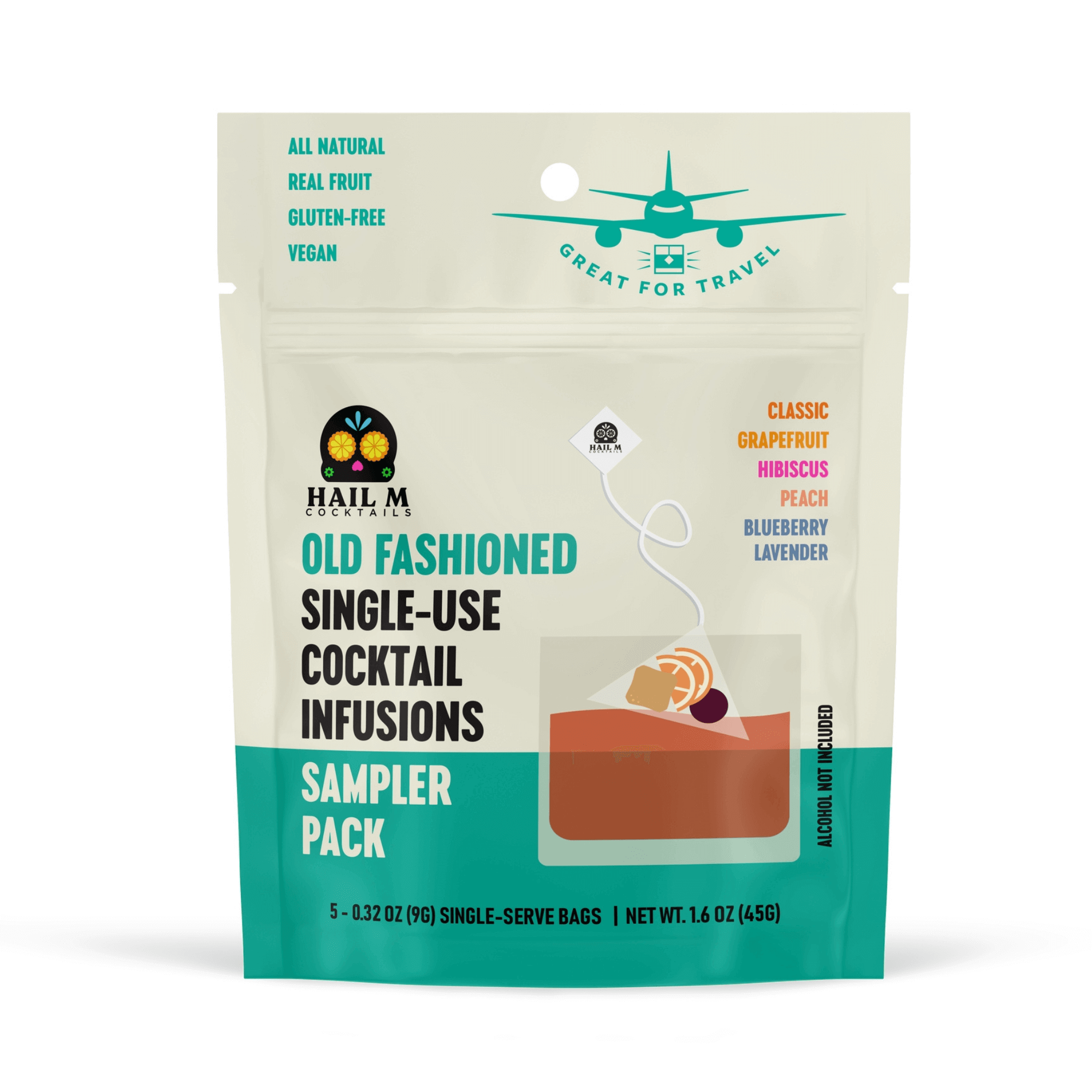Hail M Cocktail Old Fashioned Sampler, single-use infusions with natural ingredients for easy bourbon cocktails, travel-friendly pack.