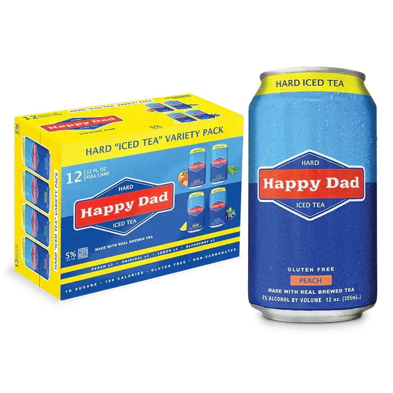 12-pack of Happy Dad Hard Iced Tea cans in assorted flavors, including Peach, Lemon, Original, Blueberry. 5% ABV. Gluten-free.