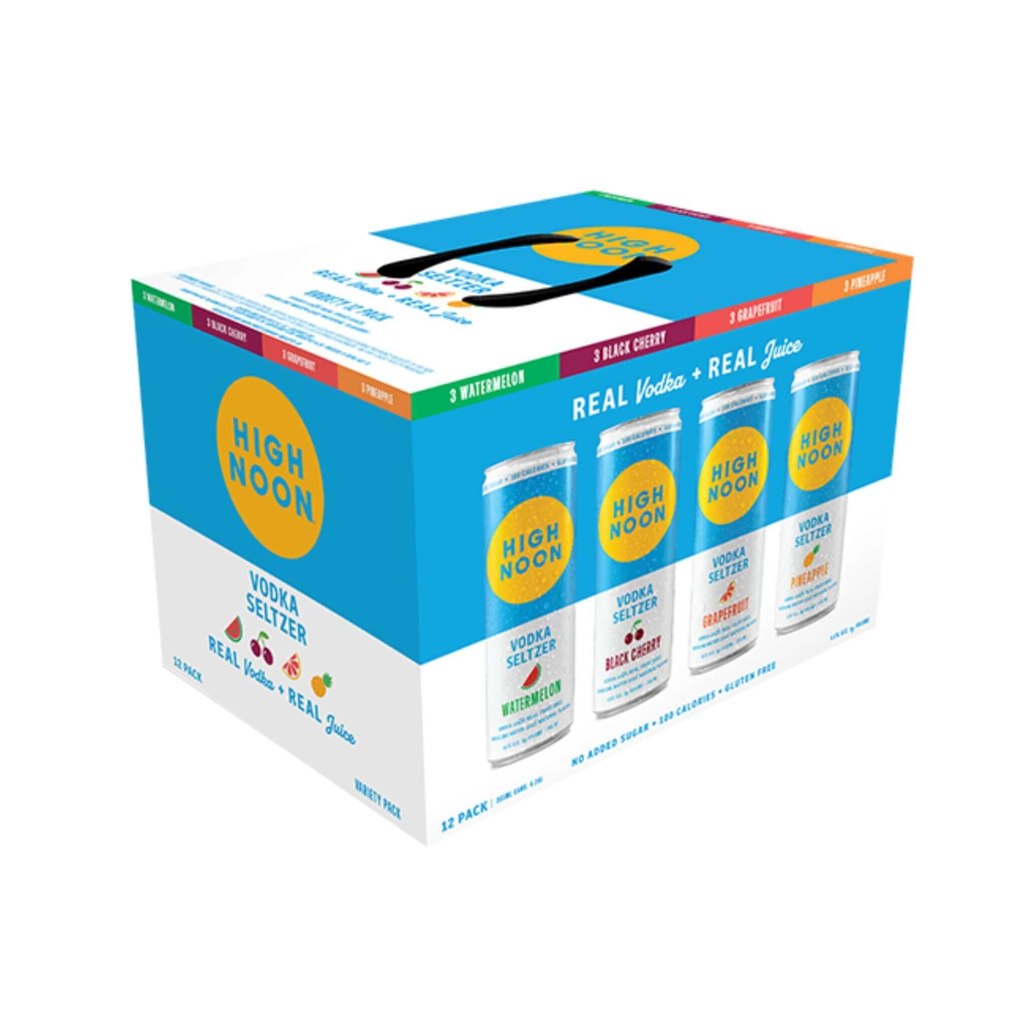 High Noon Hard Seltzer Variety 12 Pack featuring Black Cherry, Watermelon, Grapefruit, Pineapple flavors, 12oz cans.