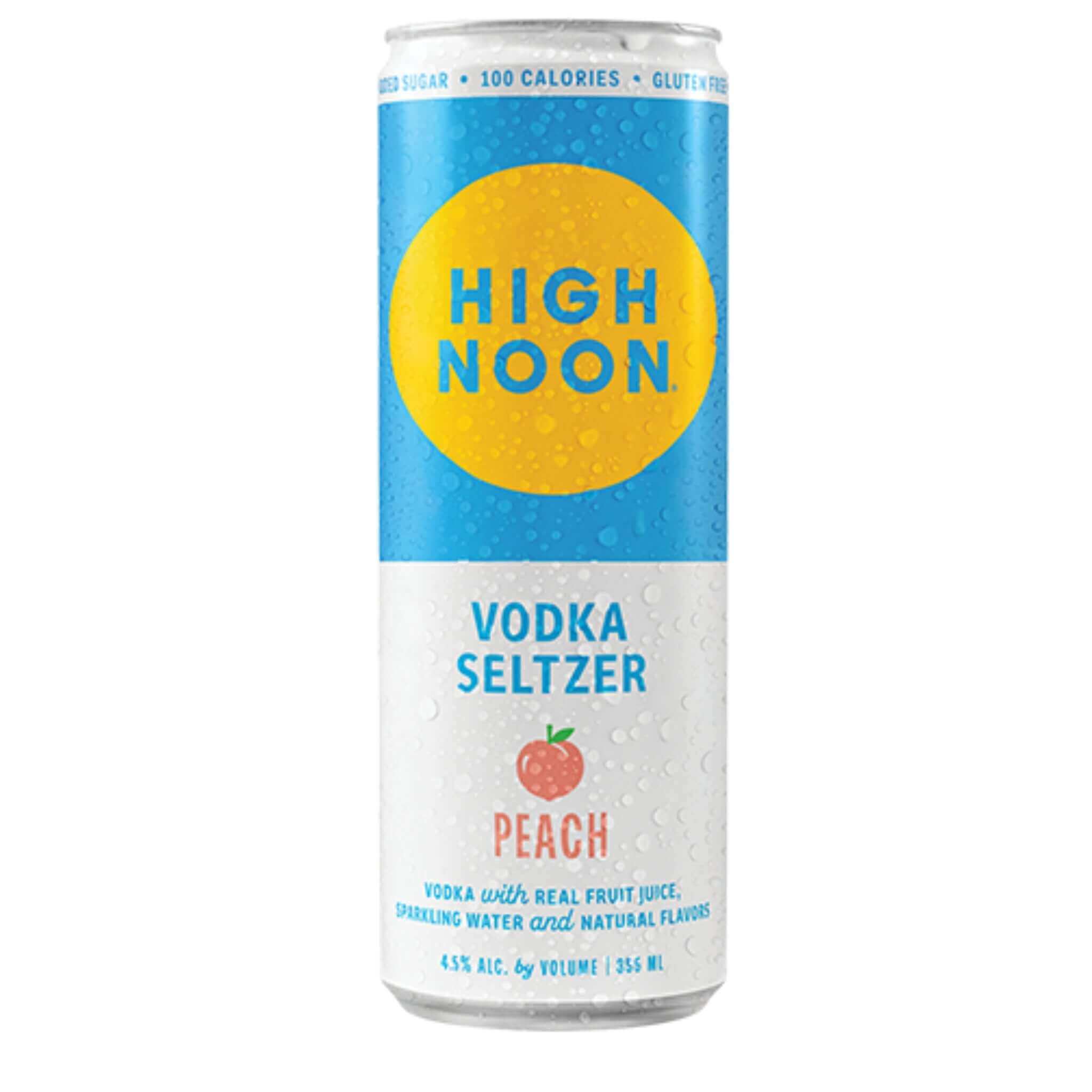 High Noon Sun Sips Peach Vodka Seltzer 12oz can with blue and yellow label, highlighting summer peach flavor, 4.5% ABV.