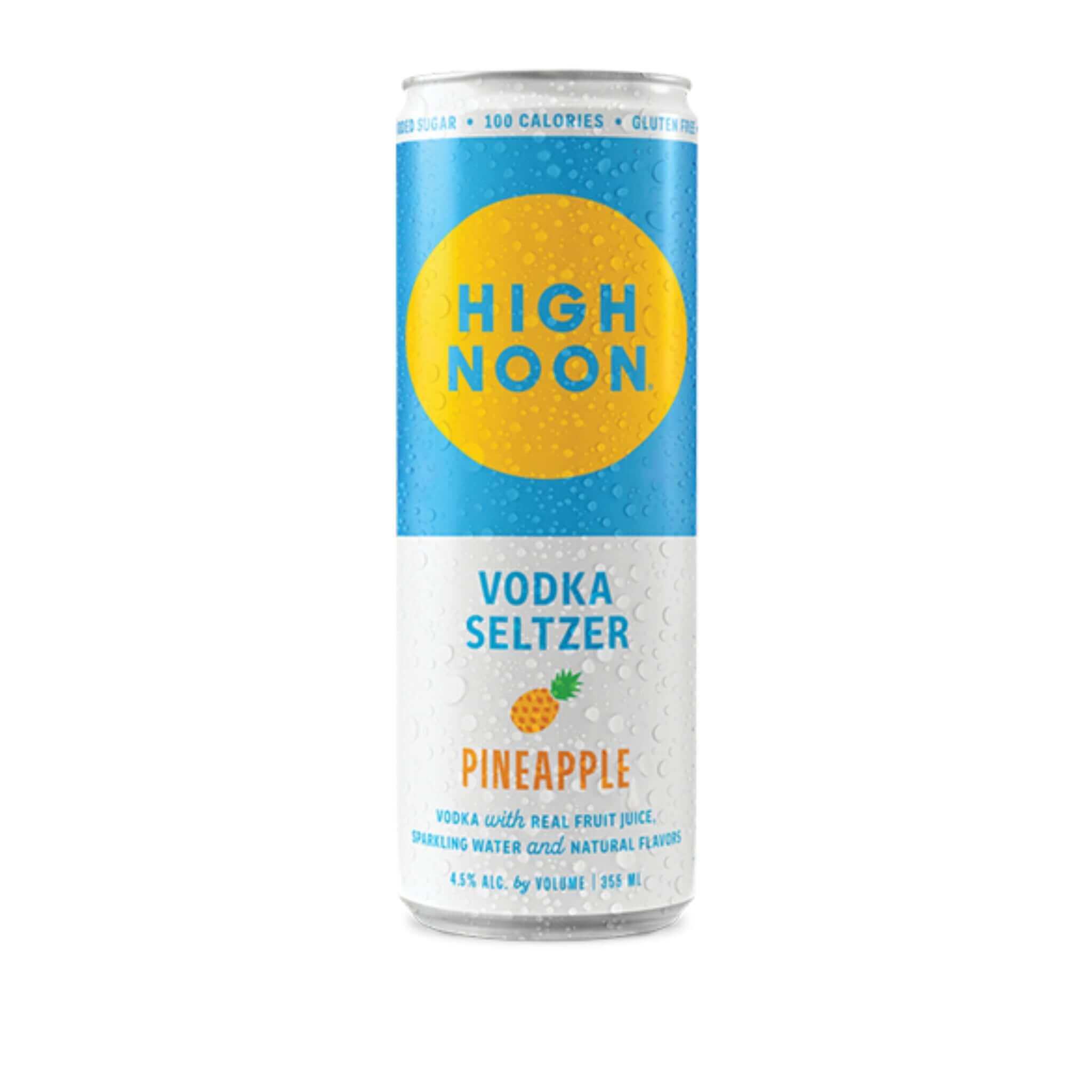 Alt Tag: High Noon Pineapple Vodka Seltzer 12oz can with pineapple flavor label, 4.5% ABV, refreshing tropical drink.