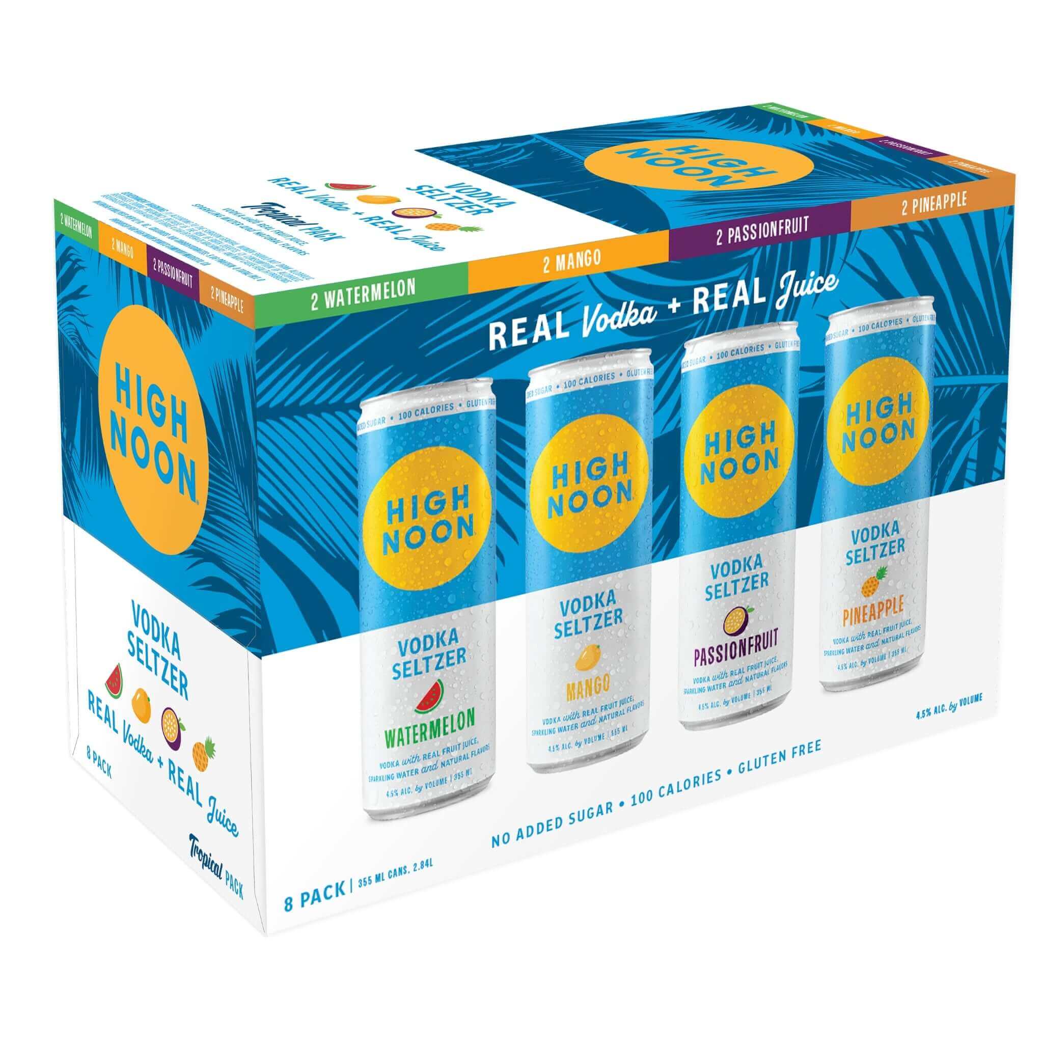 High Noon Sun Sips Tropical Seltzer Variety 8 Pack, 12oz cans with flavors: Passionfruit, Pineapple, Mango, Watermelon.