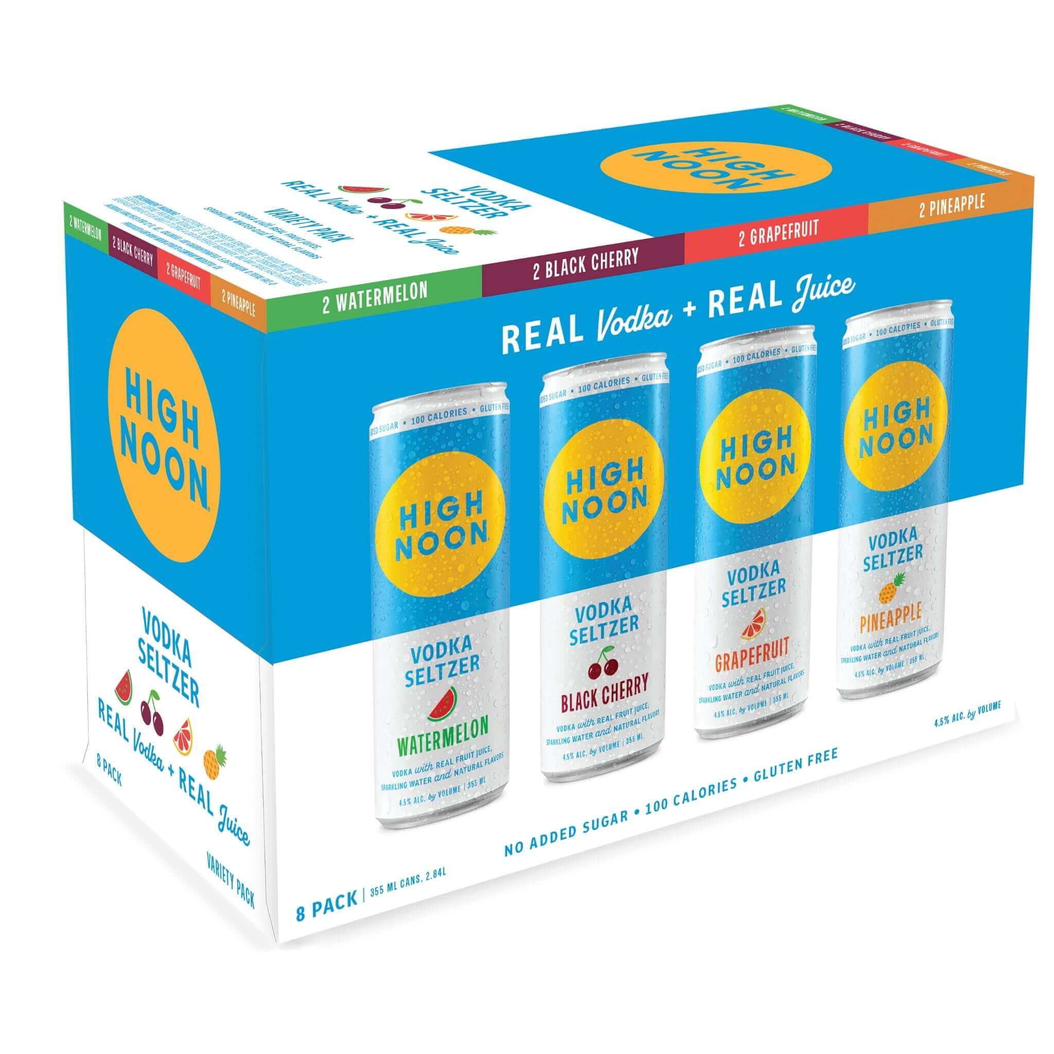 High Noon Sun Sips Variety 8 Pack 12oz cans featuring flavors like Black Cherry, Watermelon, Grapefruit, and Pineapple Hard Seltzer.