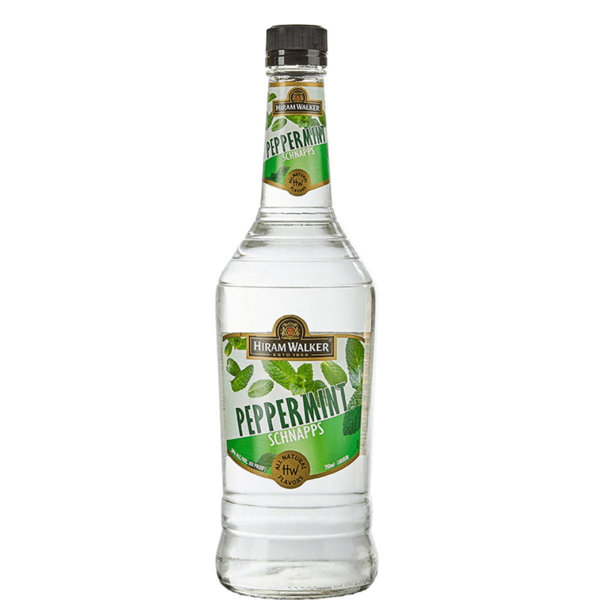 Bottle of Hiram Walker Peppermint Schnapps 60 Proof 750ml with mint leaves on label, perfect for cocktails or enjoying neat.