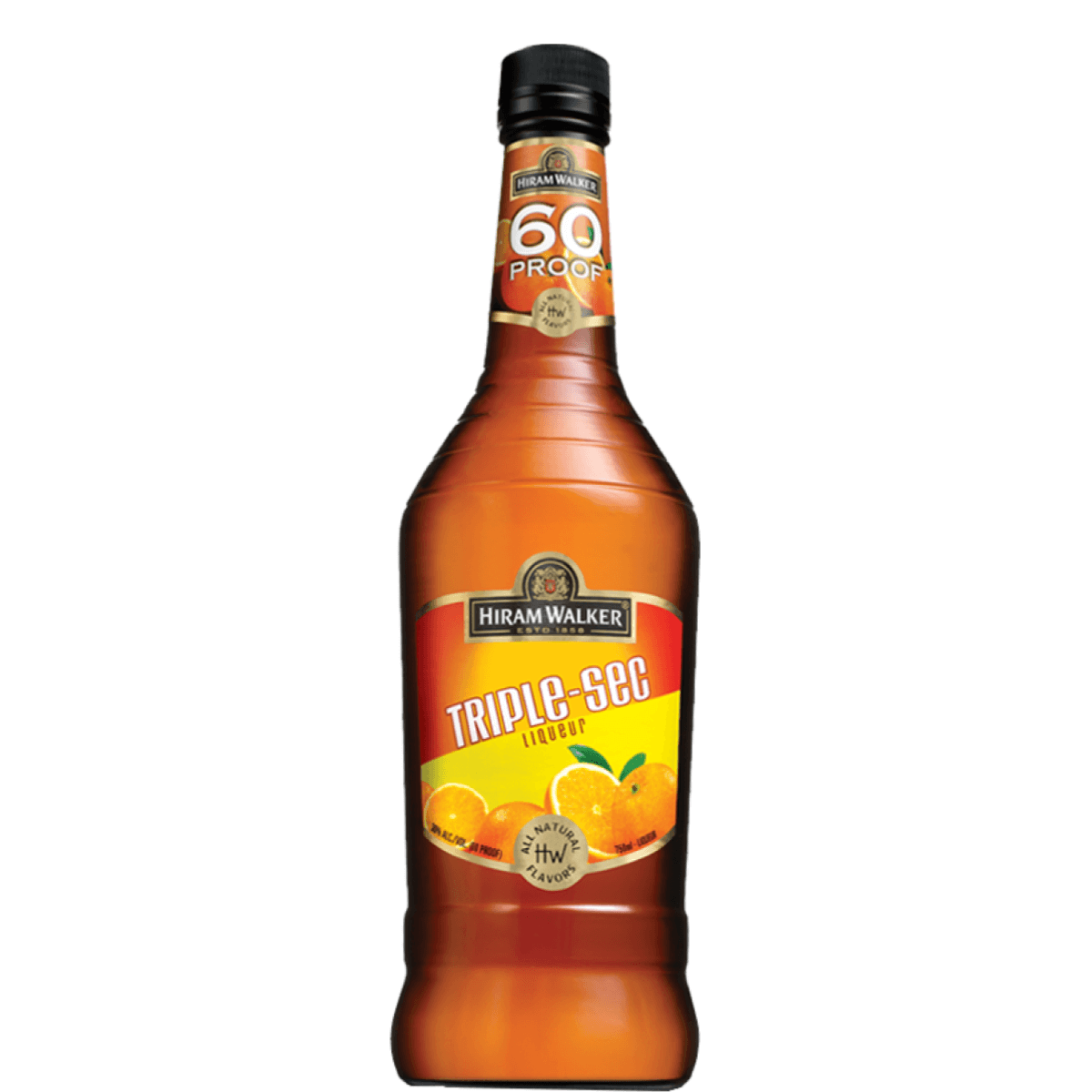 Hiram Walker Triple-Sec 750ml bottle, 30% ABV orange liqueur for cocktails, featuring 60 proof label and vibrant packaging.