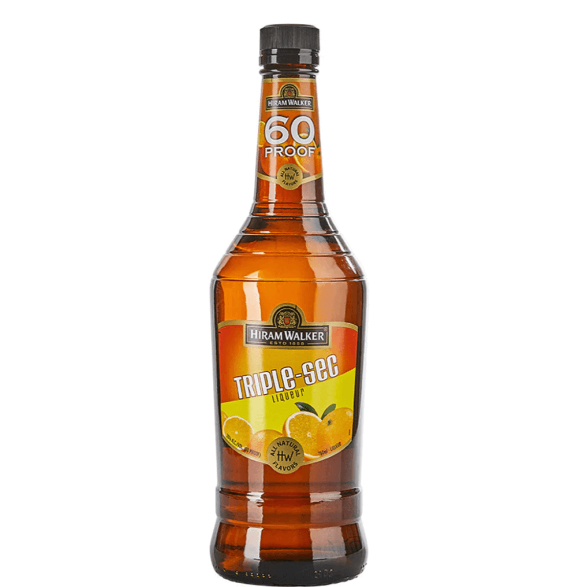 Bottle of Hiram Walker Triple Sec 60% ABV, 750ml liqueur with sweet orange flavor for cocktails like Margarita and Cosmopolitan.