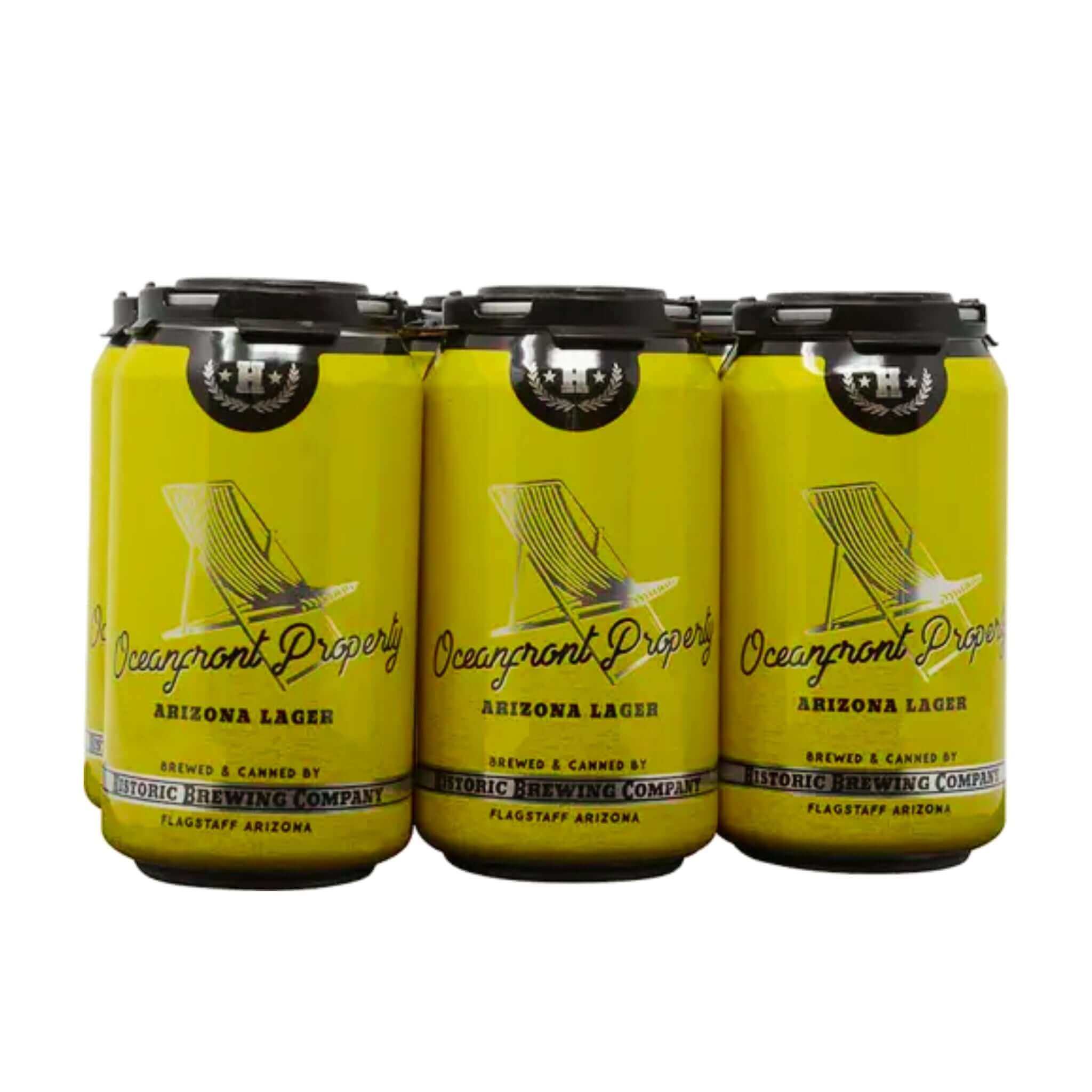 6-pack of 12oz Historic Oceanfront Property pilsner cans by Historic Brewing Company, Arizona.