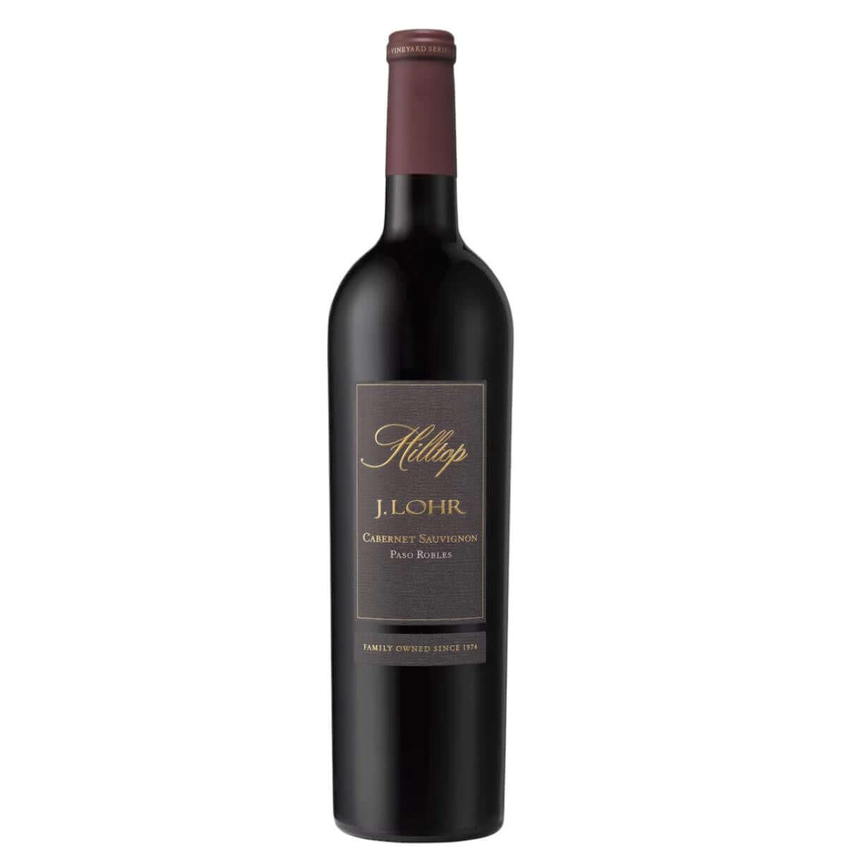 J. Lohr Hilltop Cabernet Sauvignon 2019 wine bottle, 750ml, Paso Robles, California, rich and balanced red wine, 14.5% ABV.