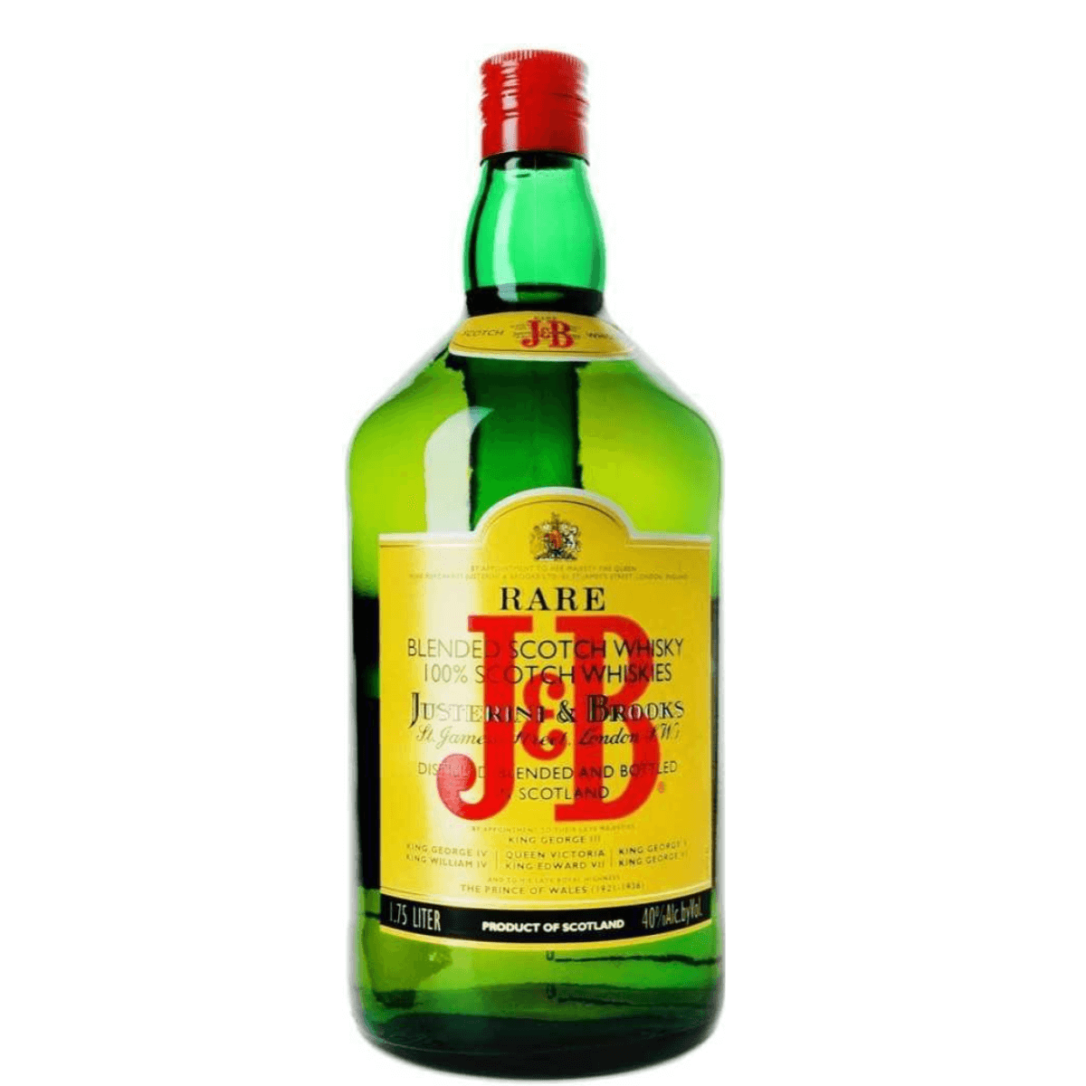 J&B Rare Scotch Whisky 1.75L bottle, blended Scotch with Speyside malts from Scotland, 40% ABV, featuring light color and fruity notes.