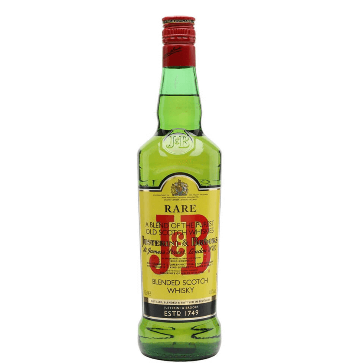 J&B Rare Scotch Whisky 750ml bottle, a blend of malt and grain whiskies from Scotland with a light color and fruity, fresh taste.
