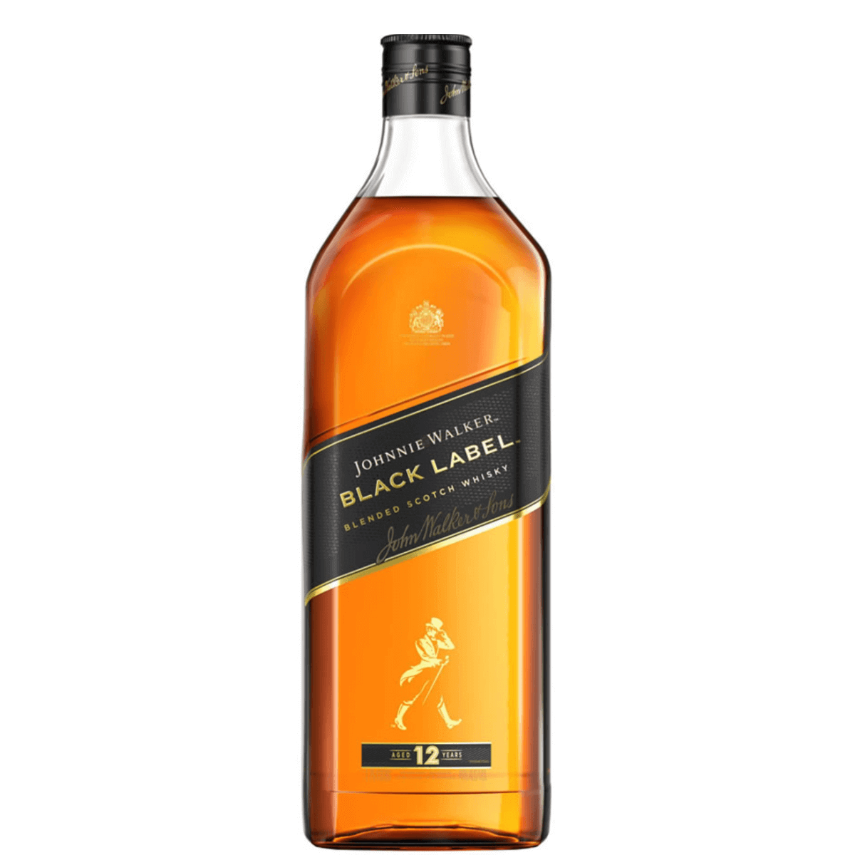 Johnnie Walker Black Label 1.75L bottle of Scotch whiskey aged 12 years with dark fruits, sweet vanilla, and smokiness flavors.