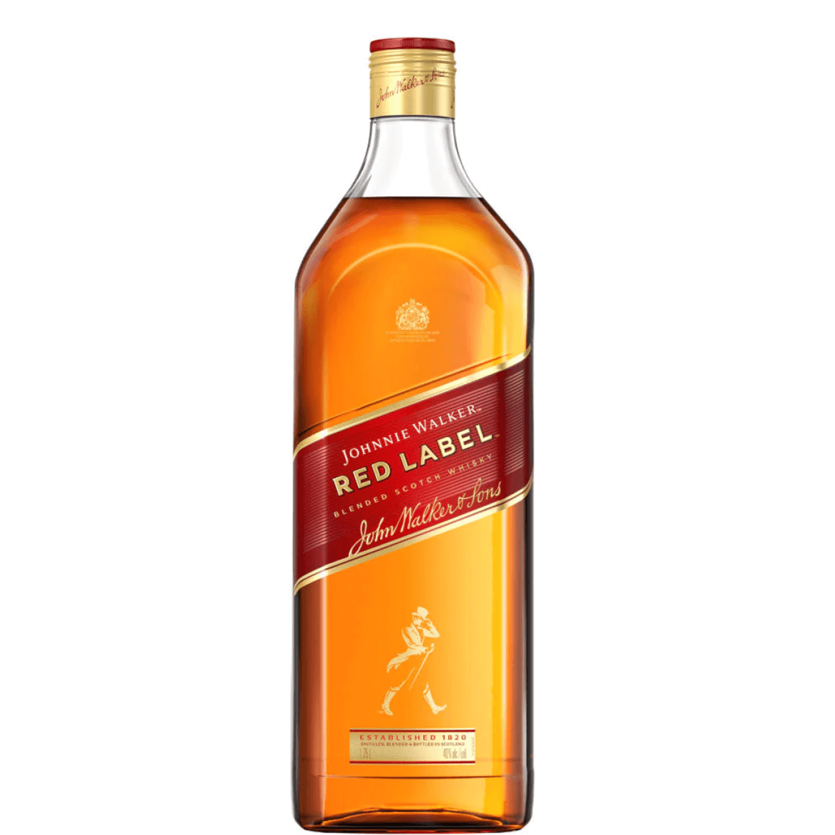 Bottle of Johnnie Walker Red Label 750ml Blended Scotch Whisky from Speyside, Scotland, with bold, distinctive flavor.