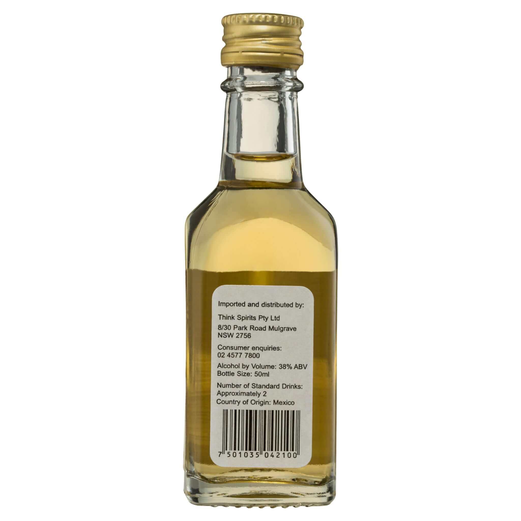 50ml bottle of Jose Cuervo Especial Gold Tequila with label featuring product information and barcode.