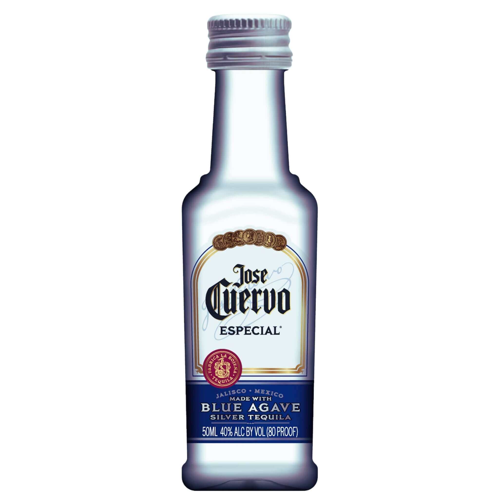 50ml bottle of Jose Cuervo Especial Silver Blanco Tequila made from blue agave, high-quality and ideal for mixing.