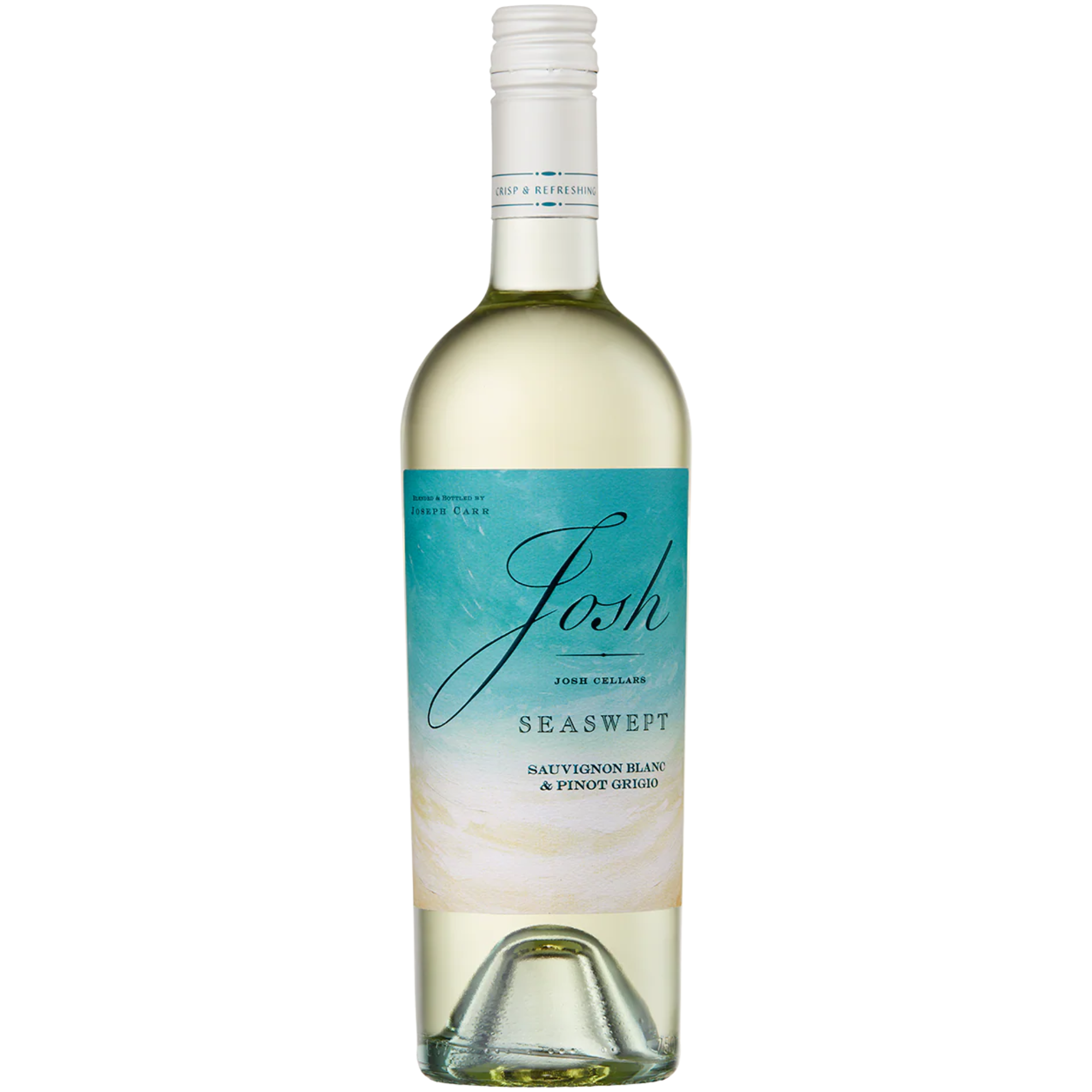 Bottle of Josh Cellars Seaswept white wine with a teal and cream coastal-themed label and white screw cap