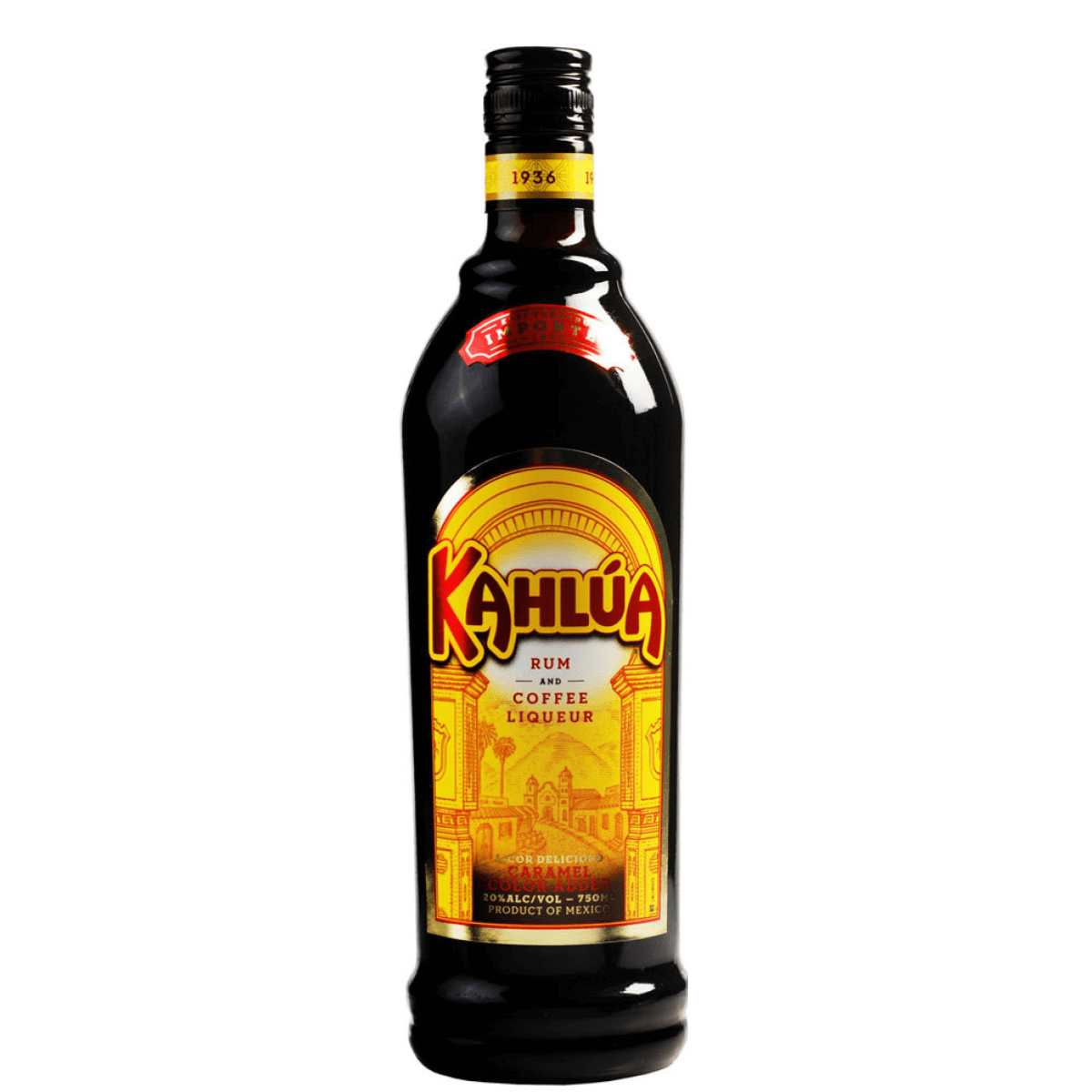Kahlúa 750ml bottle, Italian coffee liqueur with 23% ABV, known for its sweetness and Arabica coffee flavor.