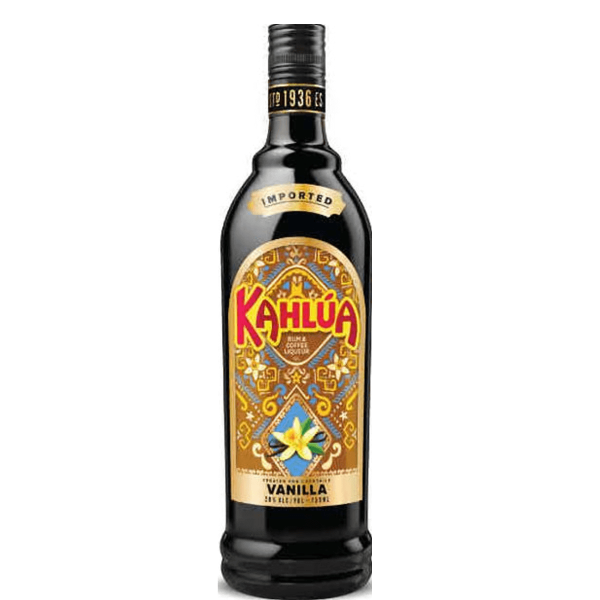 Kahlua Vanilla 750ml bottle, Mexican coffee liqueur with vanilla and caramel, 20% ABV, made from Arabica beans and sugarcane.