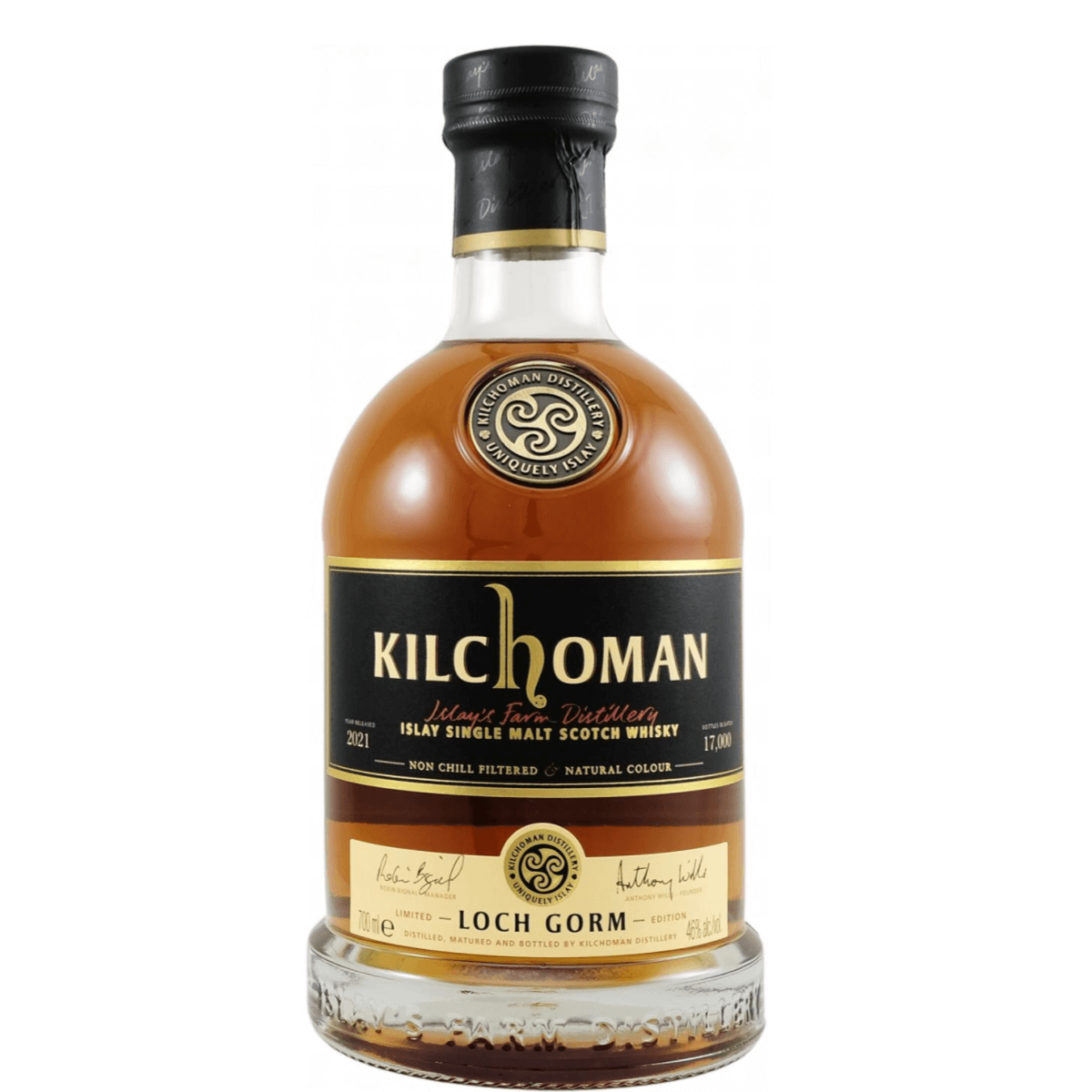 Kilchoman Loch Gorm Single Malt Sherry Cask 750ml bottle with rich copper tones from Islay, Scotland, limited edition.