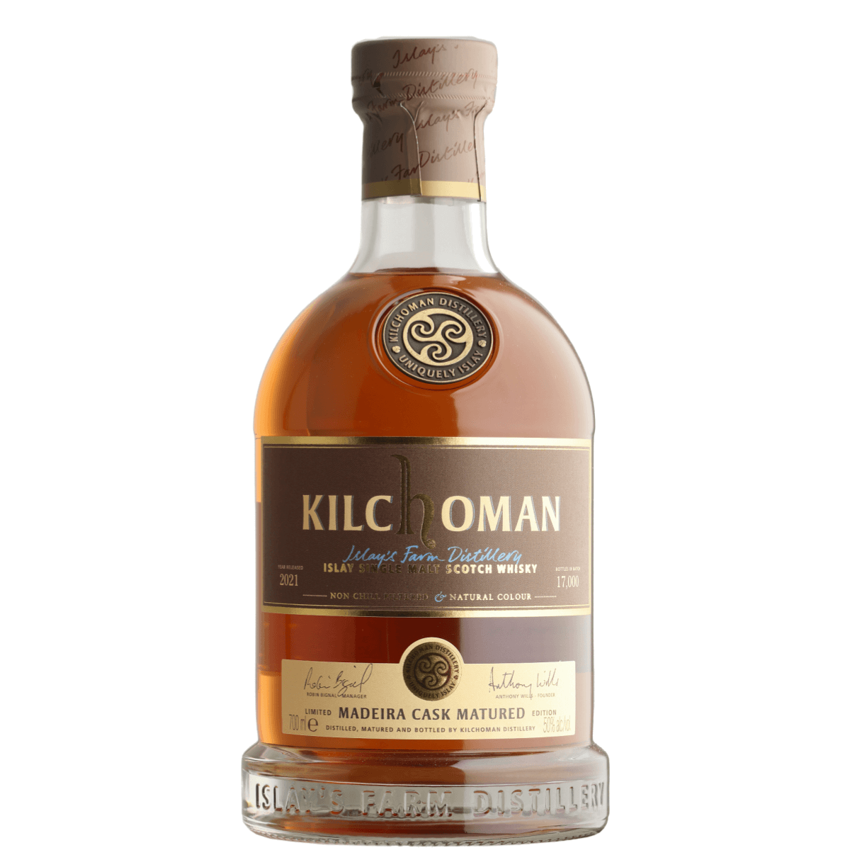 Kilchoman Madeira Cask 2021 Single Malt Scotch Whisky, Islay, 750ml bottle with rich amber tones.