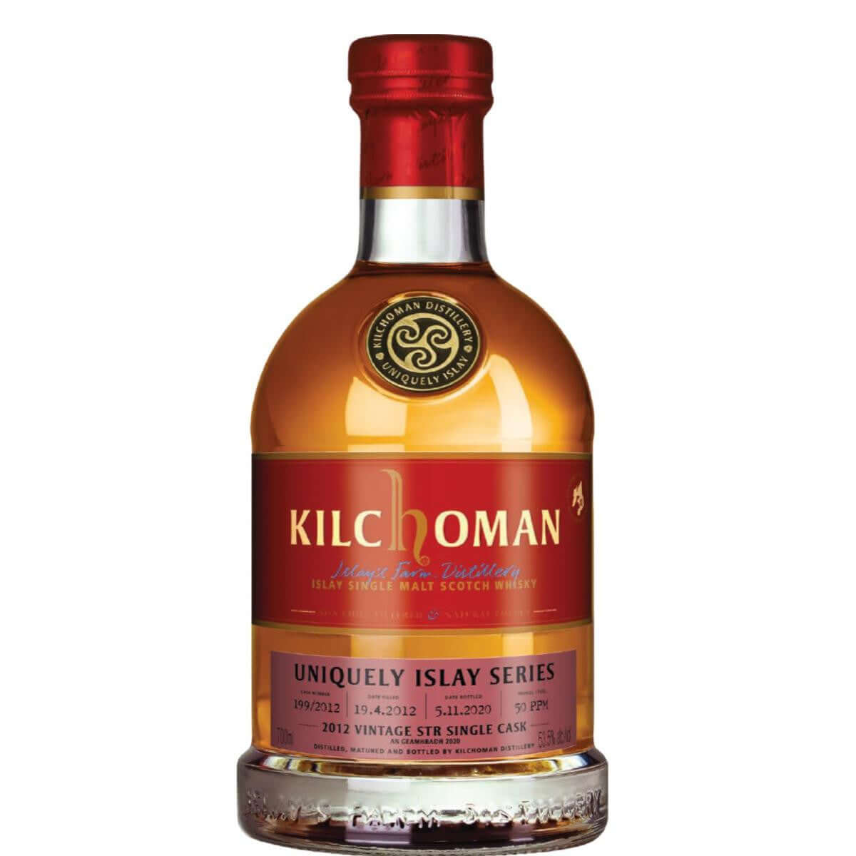 Kilchoman STR Cask Finish Single Malt 750ml bottle, Islay Scotch Whisky with red label, rich and fruity flavor, 50% ABV.