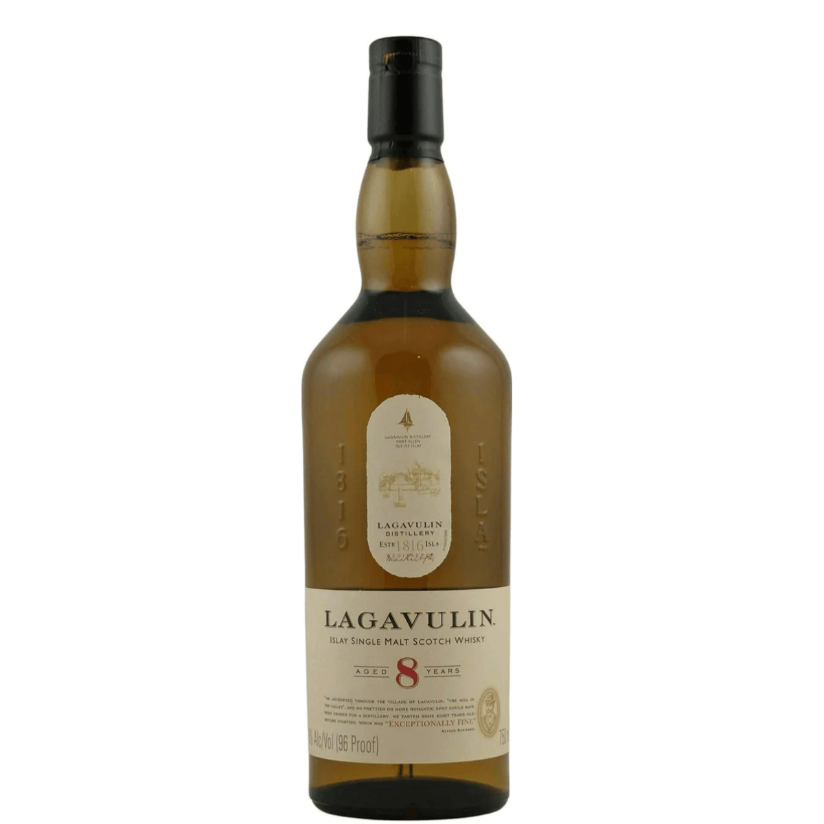 Lagavulin 8 Year Old Islay Single Malt Scotch Whisky 750ml bottle, 48% ABV, showcasing rich, intense flavors of charred chocolate.